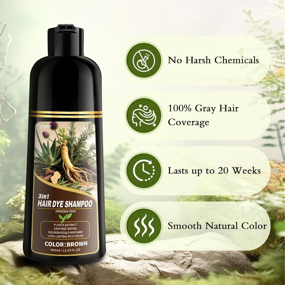Seashell Hynqor Brown Hair Dye Shampoo for Women Men Gray Hair Coverage Ammonia Free