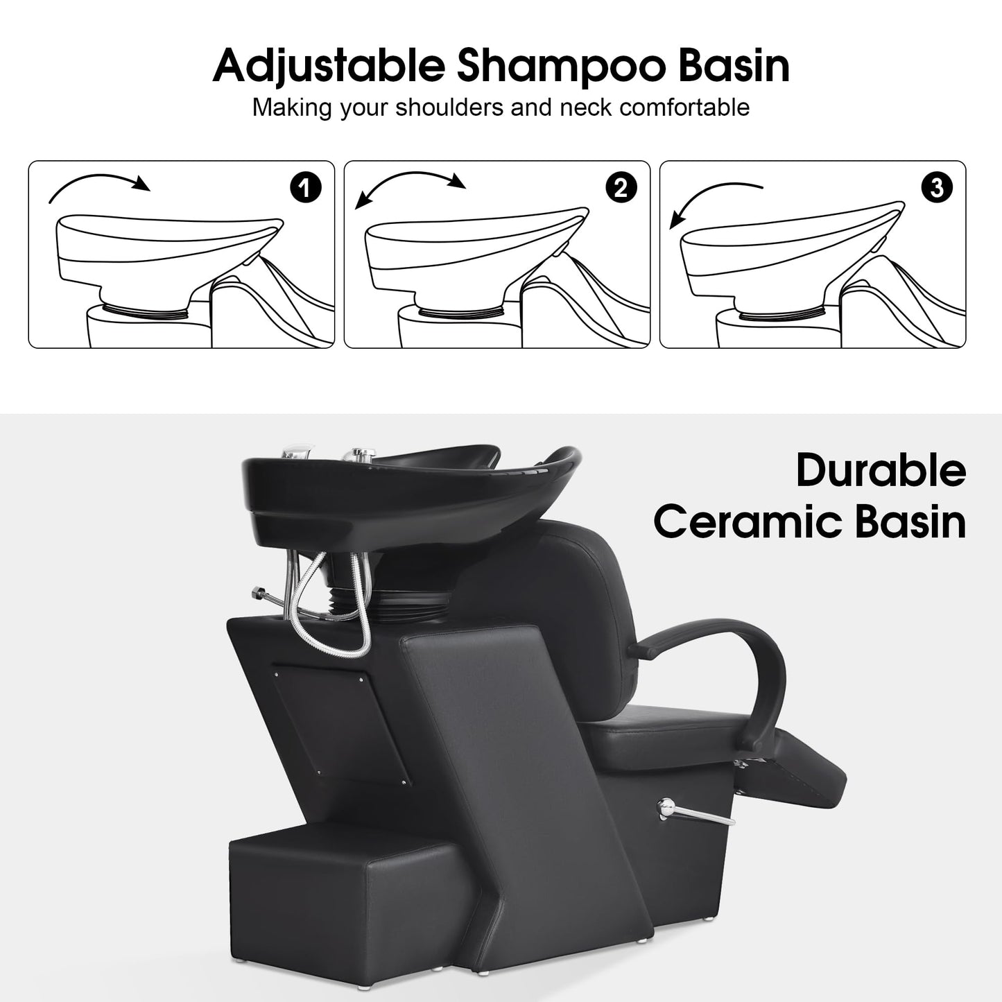 White Smoke BarberPub Ceramic Bowl Shampoo Chair, Adjustable Backwash Sink, Hair Stylist Barber Chairs for Salon Beauty Spa Tattoo Unit Station 9051