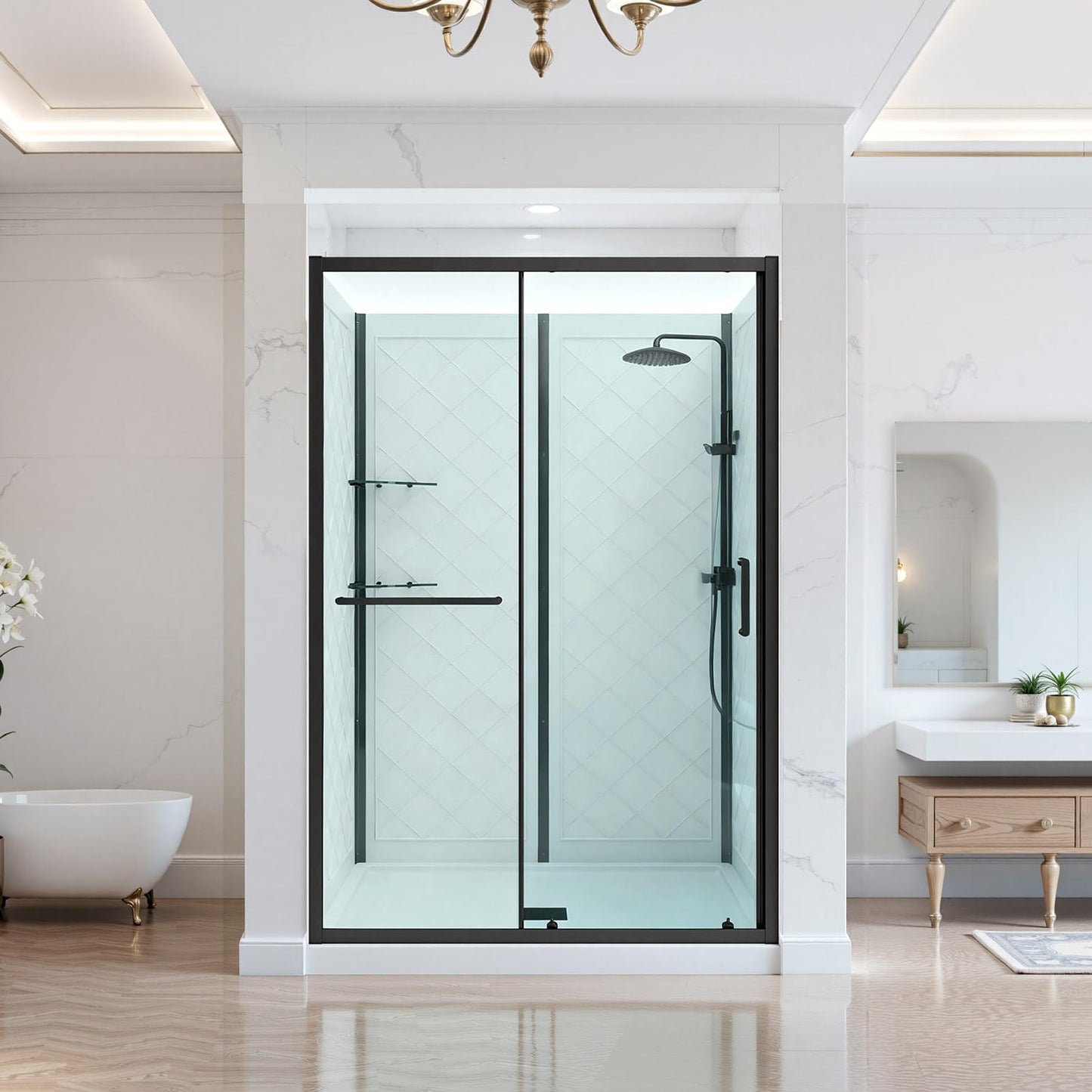 Light Gray VEVOR Shower Enclosure, 36 in. D x 48 in. W x 79.1 in. H, Framed Sliding Shower Door with 1/4 in. Clear Tempered Glass, Complete Bathroom Alcove Stall with Non-Slip Base Kit & Triple-Sided Wall Panels
