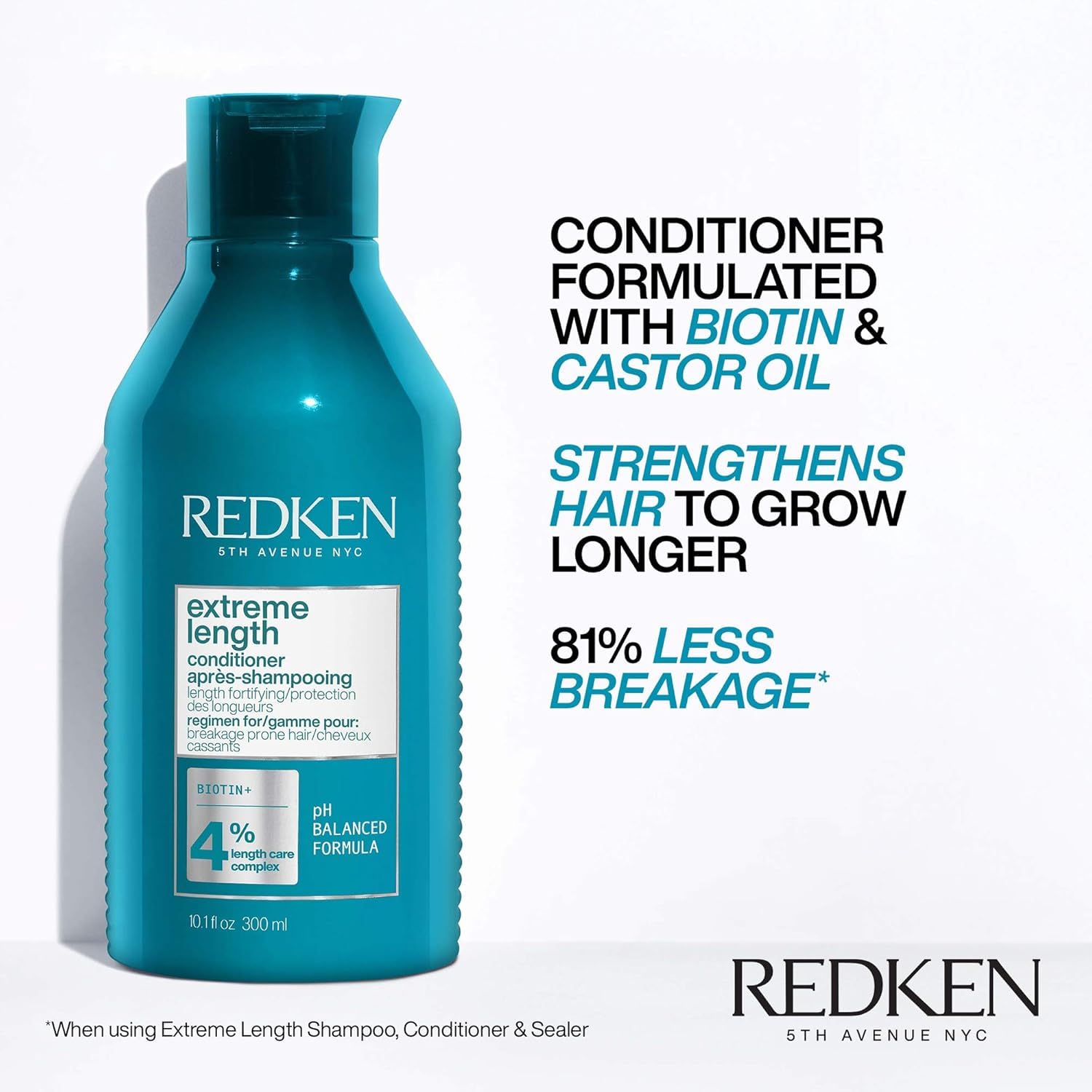 White Smoke Redken Extreme Length Conditioner For Damaged Hair - Fortifies, Strengthens and Conditions Hair, Infused With Biotin & Castor Oil For Hair Growth, 10.1 Fl Oz