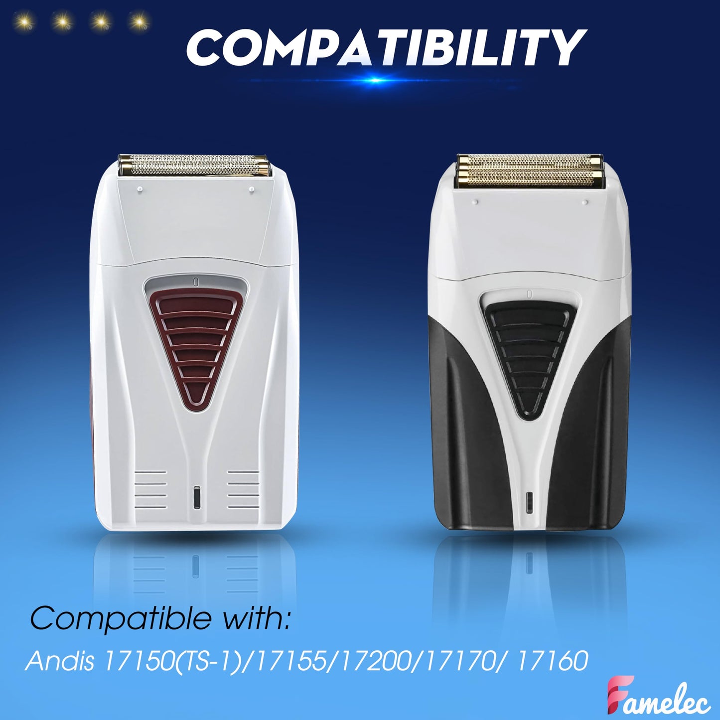 Midnight Blue FAMELEC Pro Foil and Cutters for Andis Foil Shaver Models TS1 17150 17235 17220 TS2 17200, Razor Blades & Gold Foil Shaver Blades Compatible with Andis Shaver Foil Replacement #17155 17160 17280