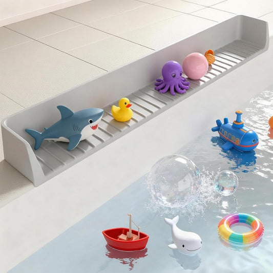 Light Gray Longer Bath Tub Splash Guard for Kids,Silicone Bath Toy Holder for Bathtub,Prevent Water Spills in Bathroom,Fun-Filled Bath Time for Toddlers Including Bath Brush and Toy Storage Bag (Grey)