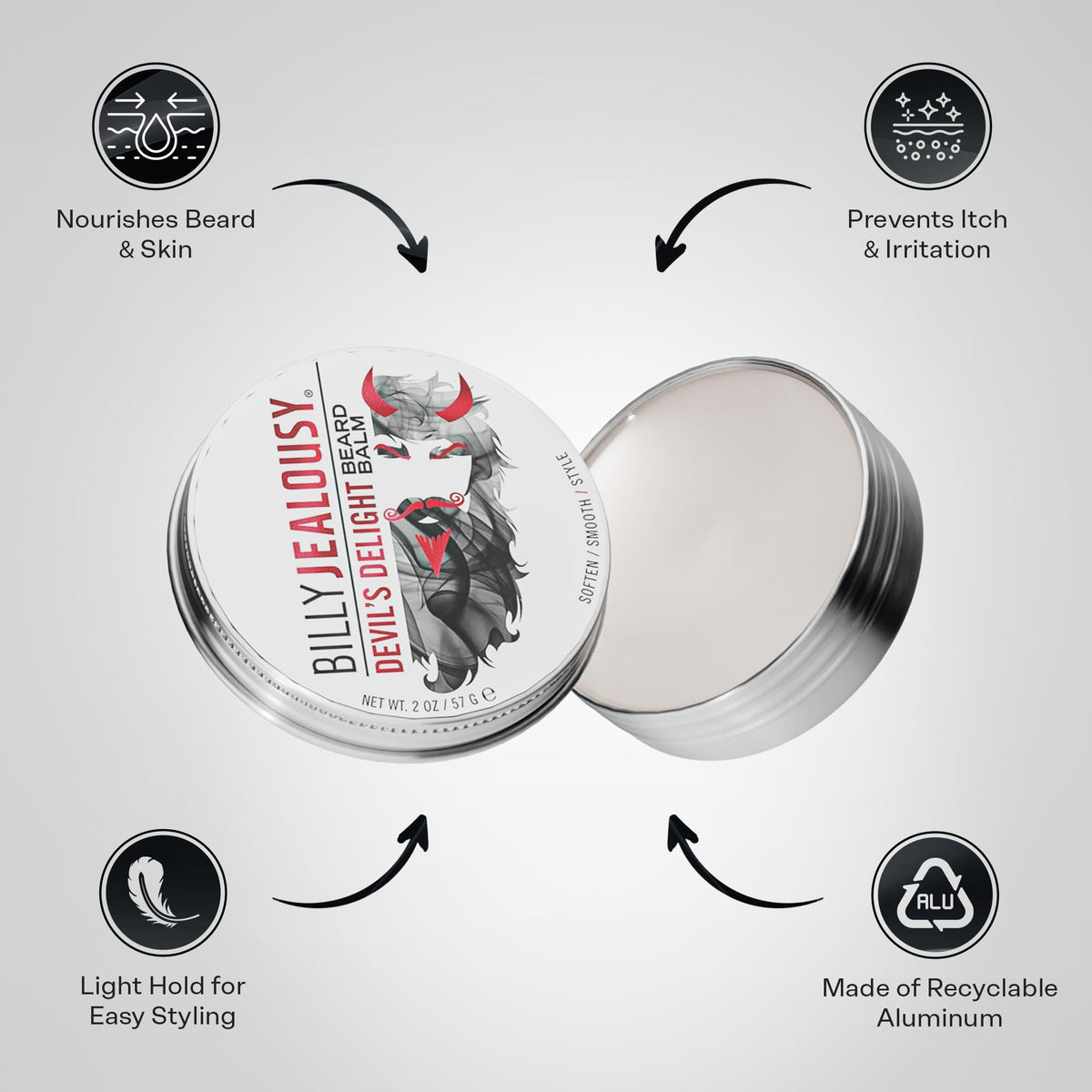 Light Gray Billy Jealousy Beard Balm with Light Hold & Low Shine, Everyday Beard Styling Balm Loaded With Coconut, Shea & Sunflower Oils For Smooth & Nourished Facial Hair & Skin