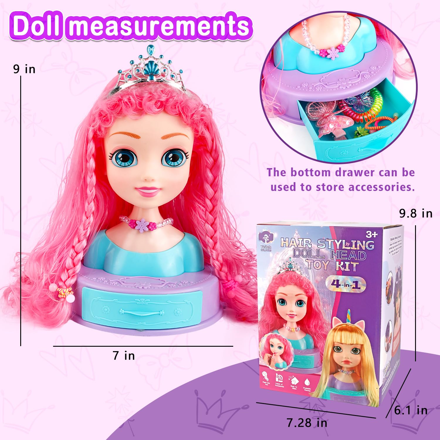 Lavender Blush Kryonixty 4-in-1 Doll Head for Hair Styling Kids-9Inch,41pcs Hair Salon Toys Makeup Kit Princess Accessories Pretend Play Toys Birthday Gifts for 3-8 Year Old Girls
