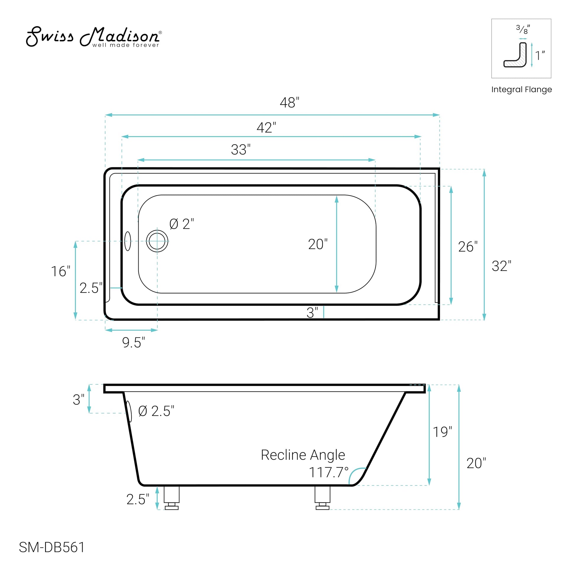 White Smoke Swiss Madison Voltaire 48" x 32" Left-Hand Drain Alcove Bathtub