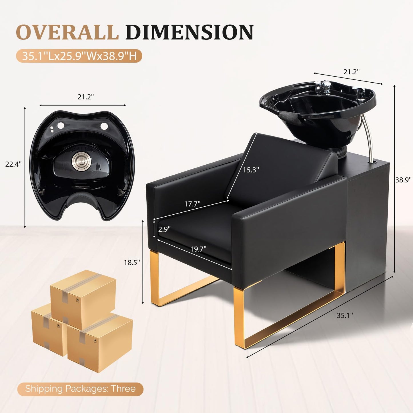 White Smoke OmySalon Shampoo Chairs for Salon, Stainless Steel Frame & UPC Certified Shampoo Bowl, Hair Washing Station, Backwash Unit for Beauty Spa Barbershop, Black and Gold