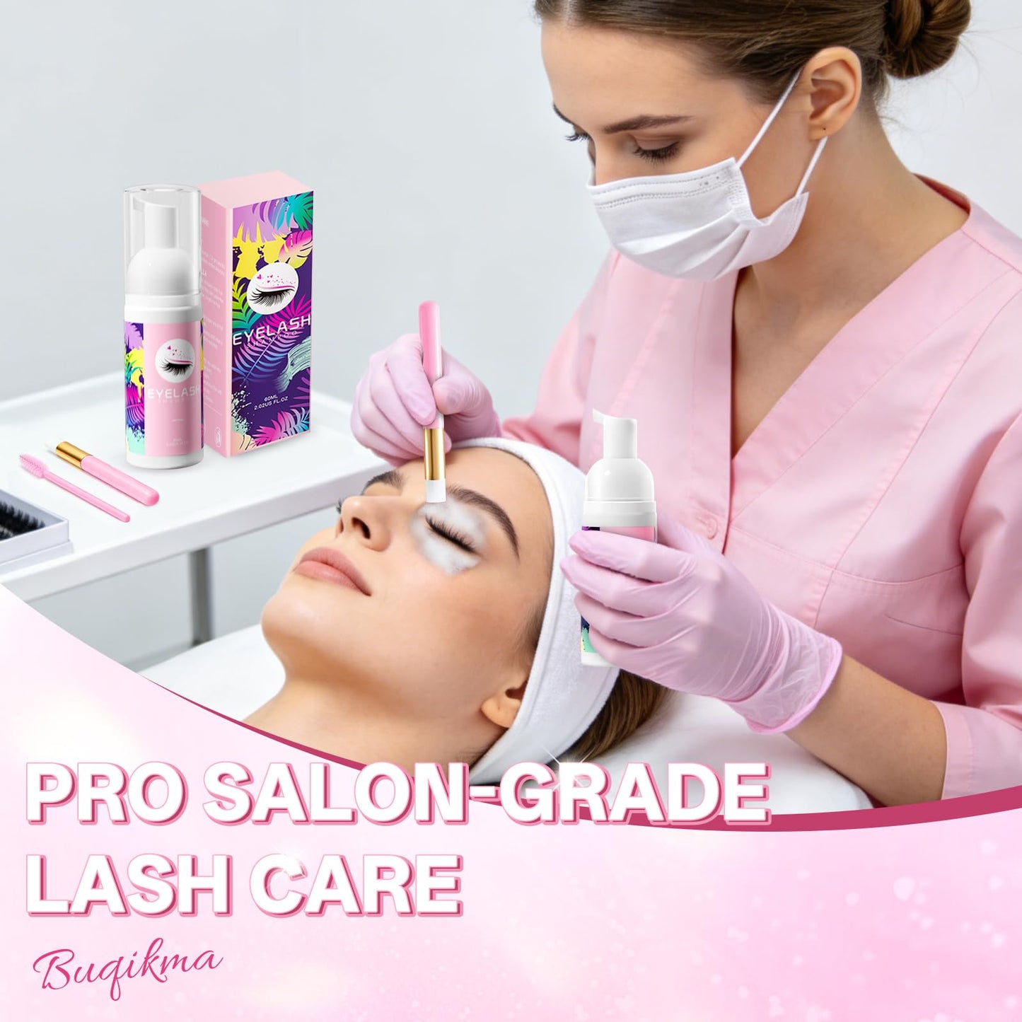 Lavender Blush Buqikma Lash shampoo for Eyelash Extension, 60Ml/2.02 fl.Oz Eyelash Shampoo Kit with Lash Wash Brushes Gentle Lash Extension Cleanser for Professional Salon and Home Eyelash Care