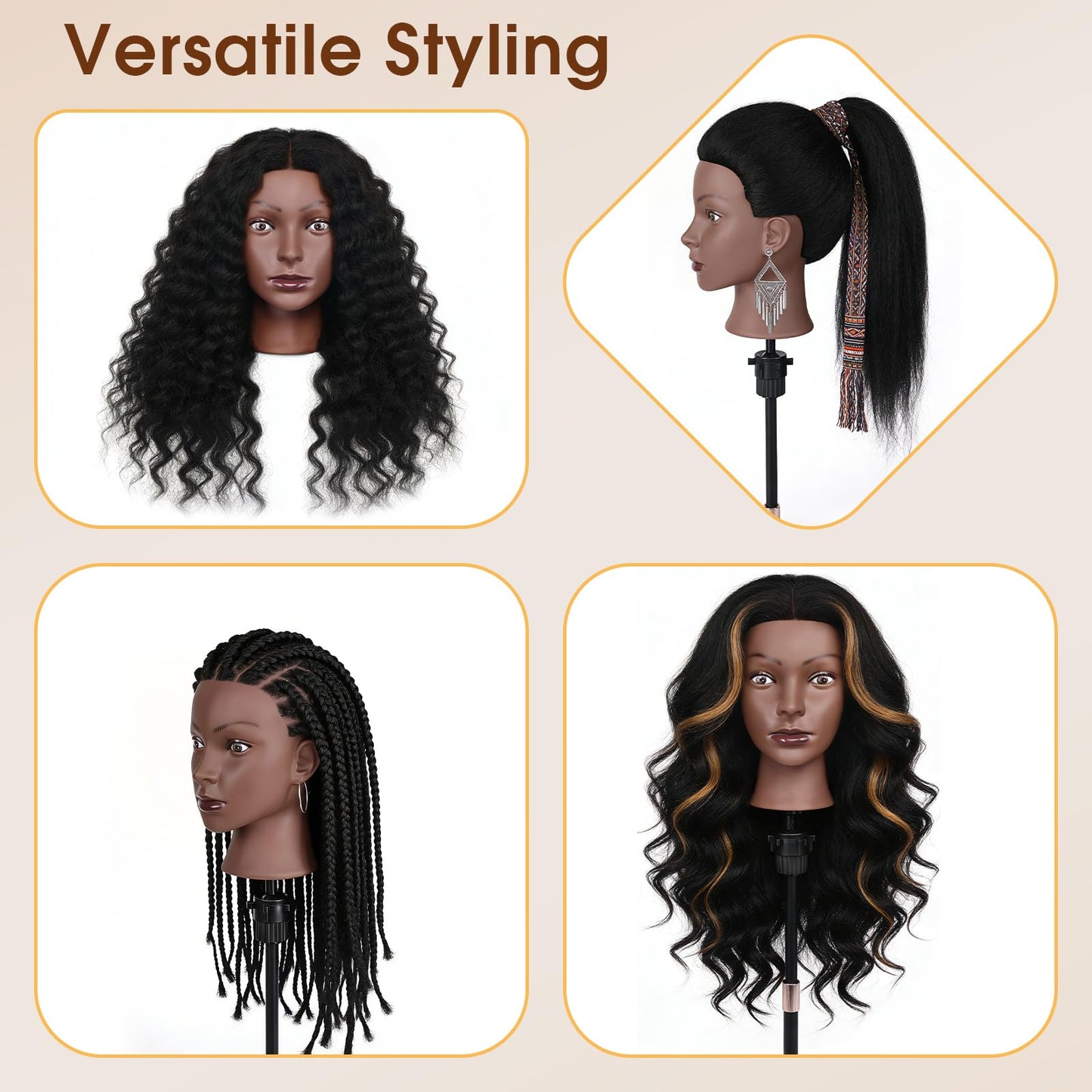 White Smoke 18 Inch 100% Real Human Hair Mannequin Head, Cosmetology Manikin Head Training Doll Head for Hair Styling, Braiding, Curling Practice, with Table Clamp Holder & Complete Styling Tools Kit(Black)
