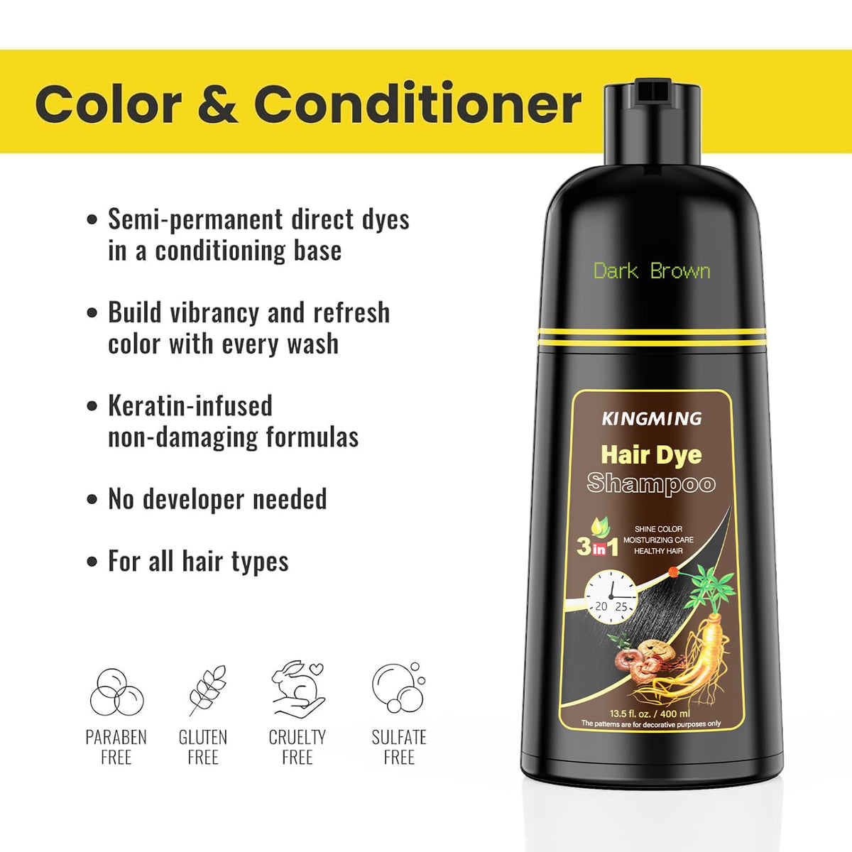 White Smoke KINGMING Dark Brown Hair Dye Shampoo 3 in 1 for Gray Hair