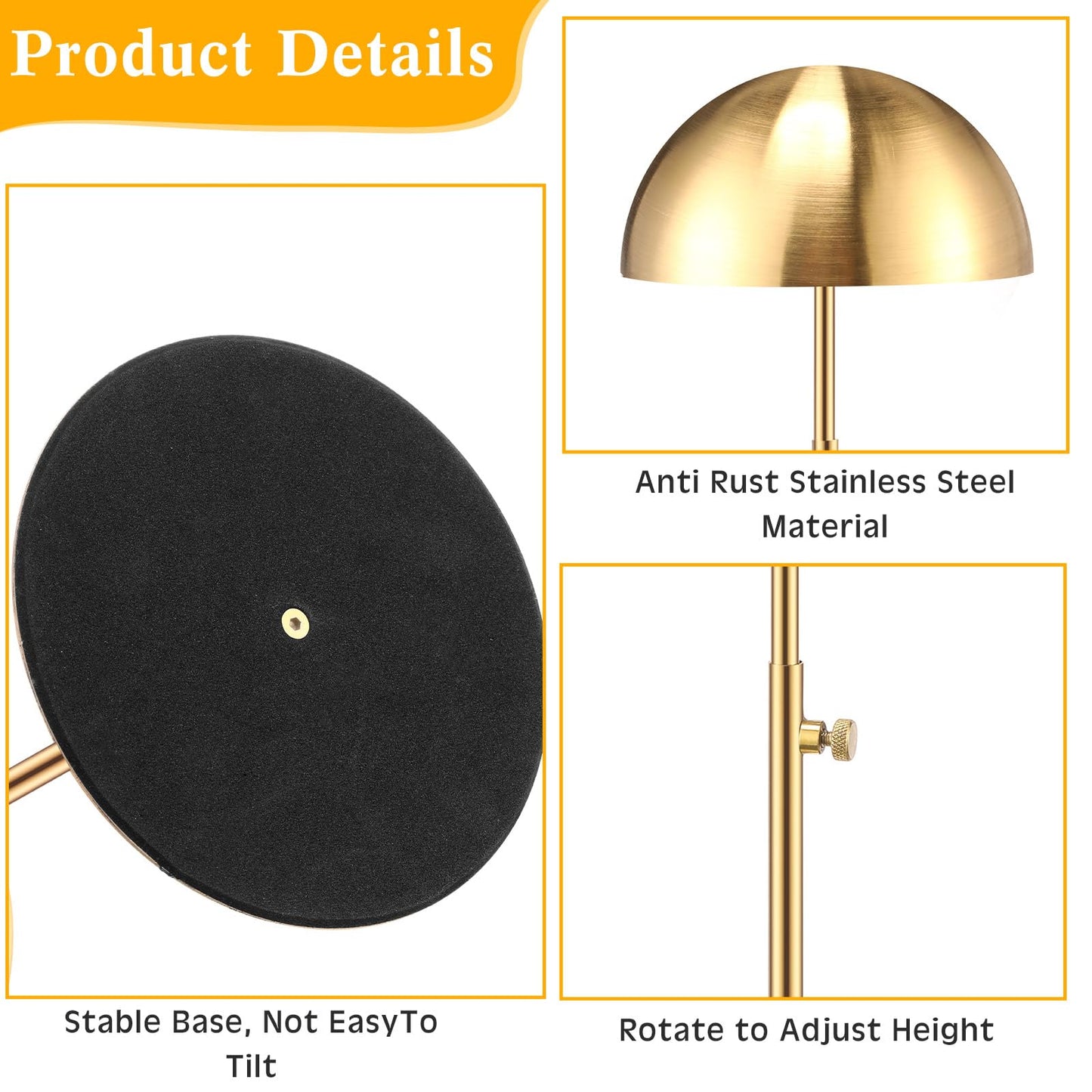 White Smoke Sintuff 4 Pcs Hat Display Stand:adjustable 7.9-15.7inch Wigs Head Holder Stand Non Slip Stainless Steel Metal Rack for Multiple Hats Wig Storage Styling Practice(Gold,Round Base)