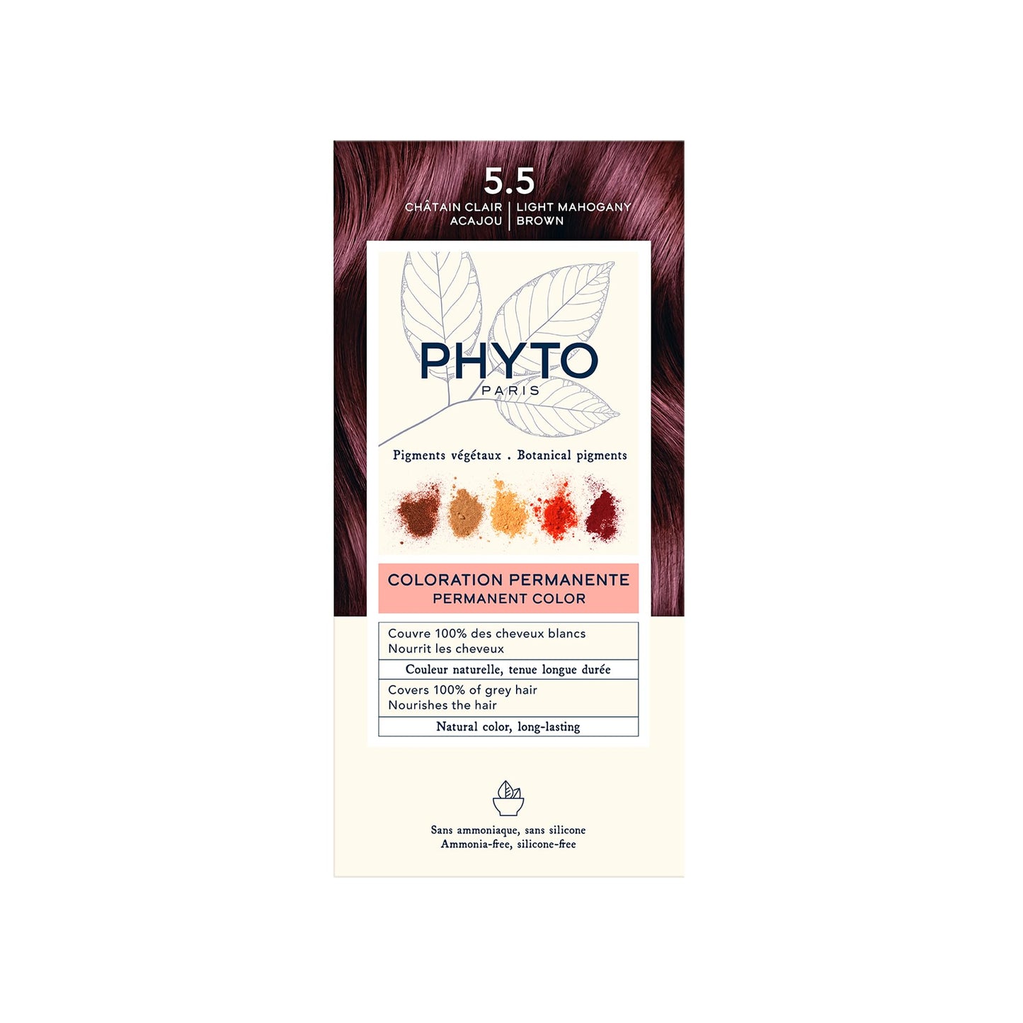 Seashell Phytocolor Permanent Hair Color, 5.5 Very Light Mahogany Brown, with Botanical Pigments, 100% Grey Hair Coverage, Ammonia-free, PPD-free, Resorcin-free
