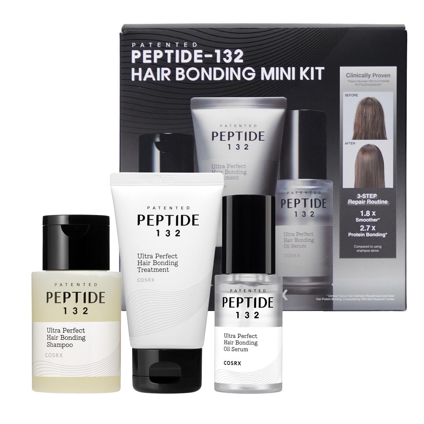 White Smoke COSRX PEPTIDE-132 Hair Bonding Mini Kit – Travel-Size Shampoo & Treatment + Full-Size Oil Serum, Keratin Treatment Hair Gift Set for Damaged, Dry Hair, Scalp Treatment for Dandruff, Dry & Itchy Scalp