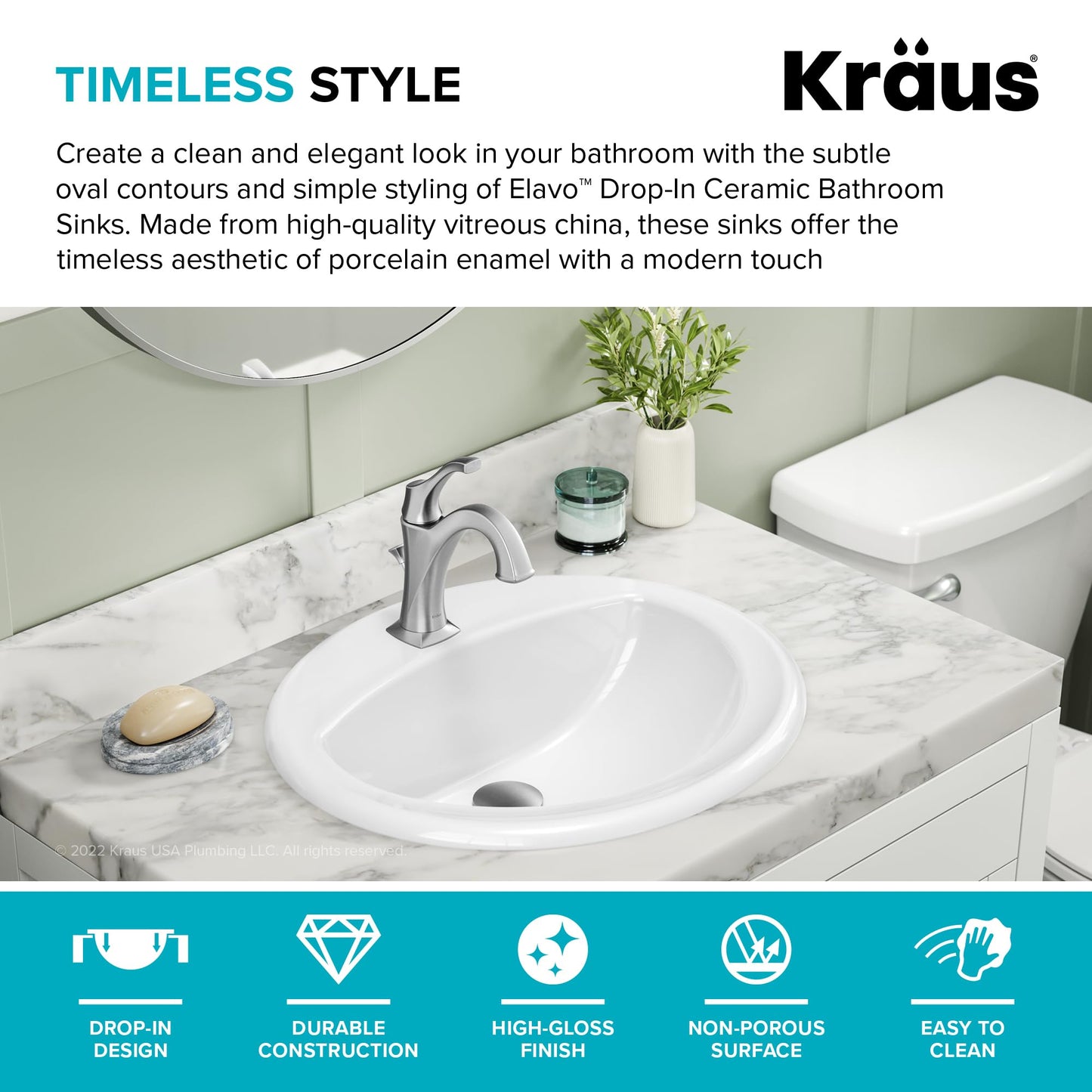 Light Gray KRAUS Elavo 20.5 in. Oval Porcelain Ceramic Self-Rimming Drop In Bathroom Sink in White with Overflow Drain, KCT-100