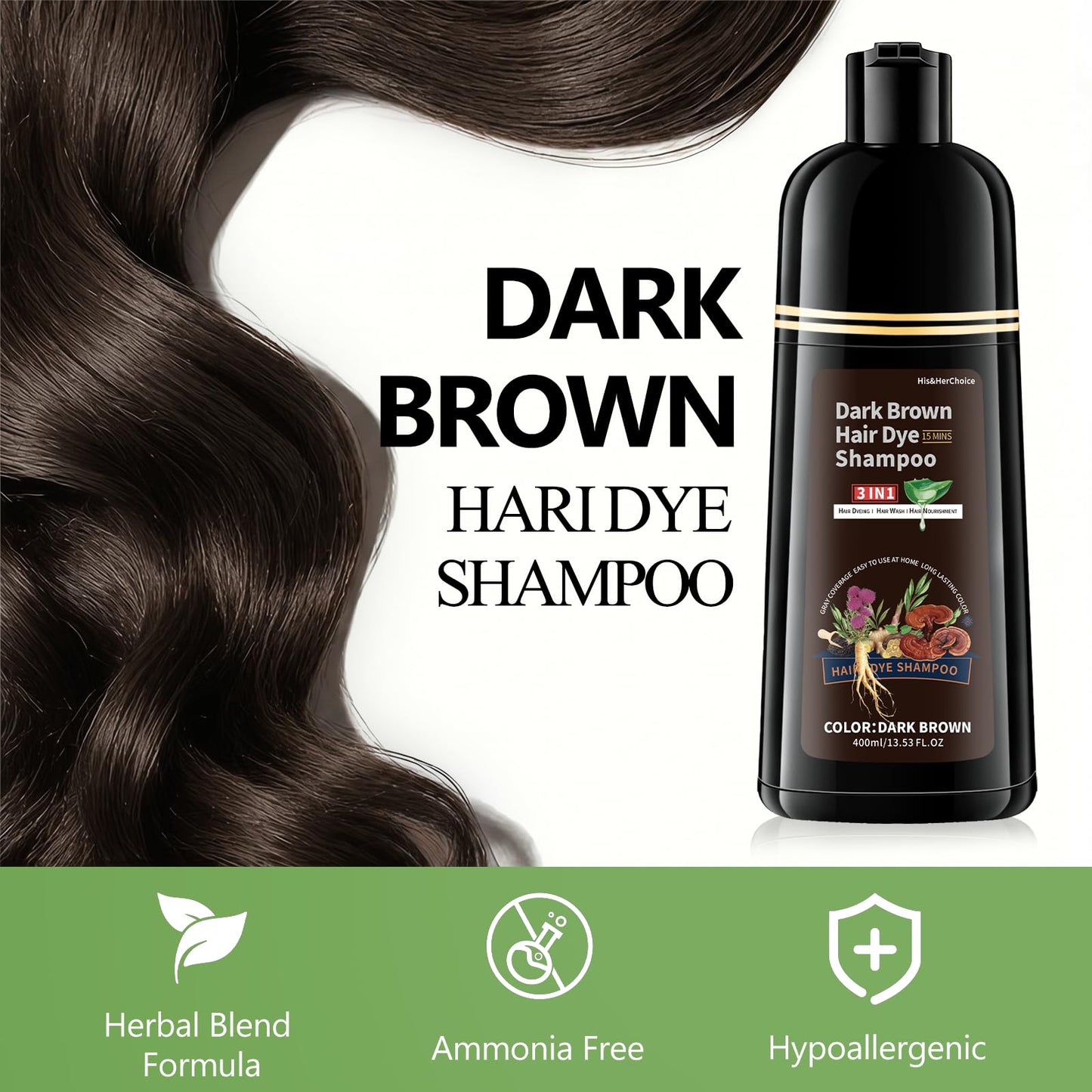 White Smoke HIS&HERCHOICE Dark Brown Hair Dye Shampoo, 3-in-1 Hair Color for Gray Coverage, Ammonia and Paraben Free with 6 Natural Herbal Ingredients, Semi-Permanent Color Shampoo for Women and Men