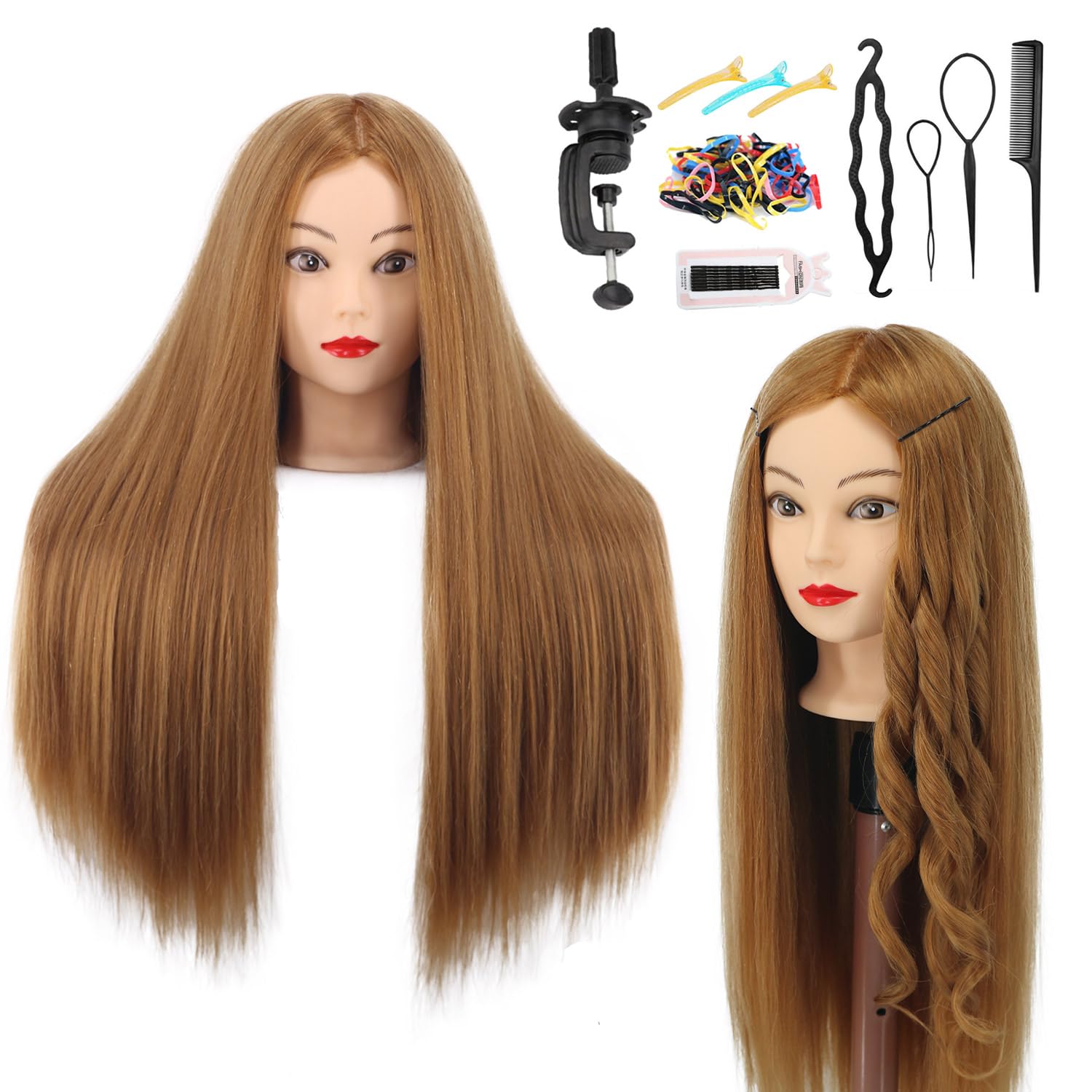 White Smoke Mannequin Head Human Hair, 80% Real Hair 26-28" Cosmetology Mannequin Head Hair Styling Hairdressing Practice Training Doll Heads with Clamp Holder and Tools (#27 Light Brown)