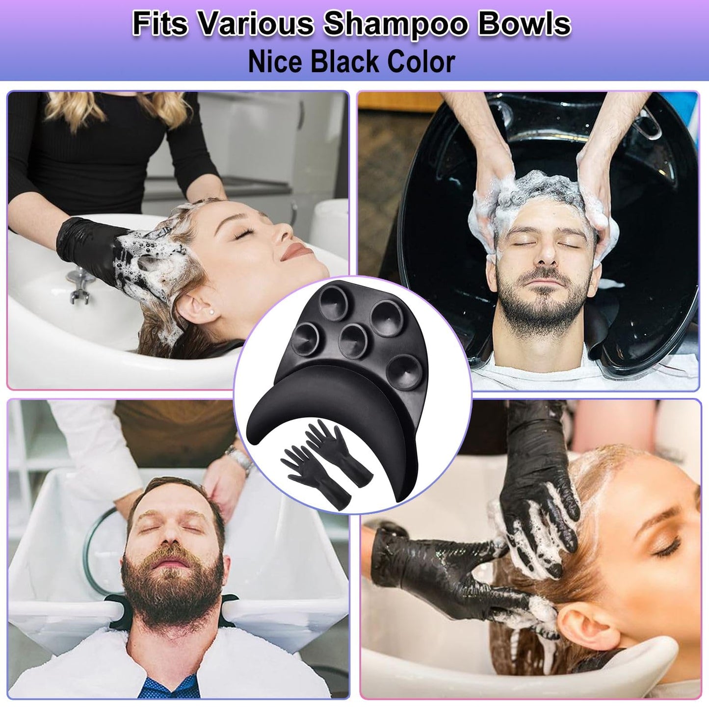 Black Shampoo Bowl Neck Rest for Sink, Silicone Neck Rest Cushion with Suction Cup, Non-Slip Hair Washing Sink Neck Support for Wash Basin with Hair Dye Gloves