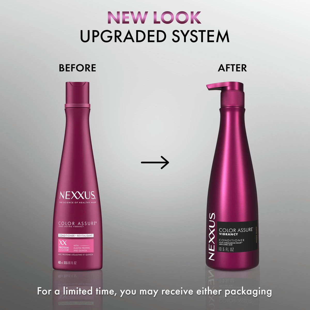 Light Gray Nexxus COLOR ASSURE Conditioner for Vibrancy for Color Treated Hair Powered by CHROMABOND SEALER with Citric Acid 13.5 oz