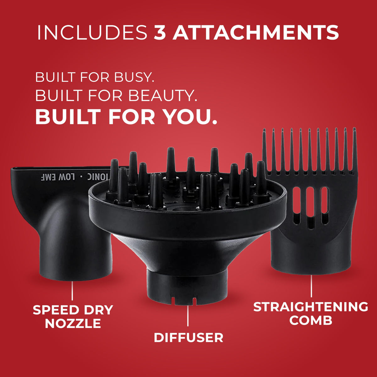 Firebrick FHI HEAT Platform Nano Power Salon Pro 2000 Tourmaline Ceramic Quick Dry Hair Dryer with 3 Piece Attachment Set (Comb, Concentrator, and Diffuser), Black