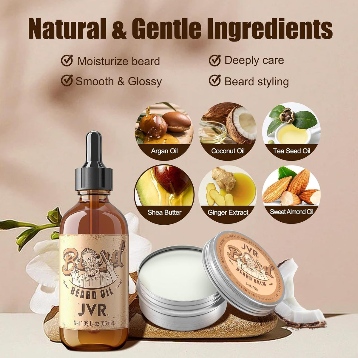 Gray JVR Beard Grooming Kit for Men, Beard Care Kit Includes Oil and Balm,100% Boar Brush Vegan Just for Men Mustache, Perfect Gifts for Him Man Dad Boyfriend