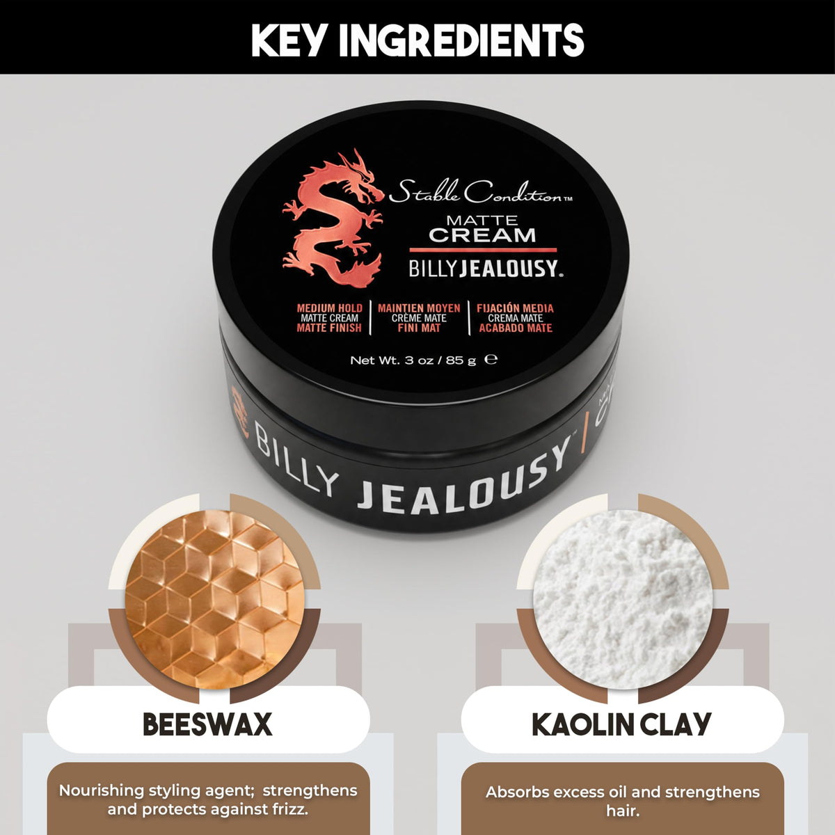 Light Gray Billy Jealousy Stable Condition Matte Cream for Men with Natural Hold and Matte Finish, Reworkable, Lightweight, Water Based Hair Styling Product, Vanilla & White Musk Scent, 3 Oz.