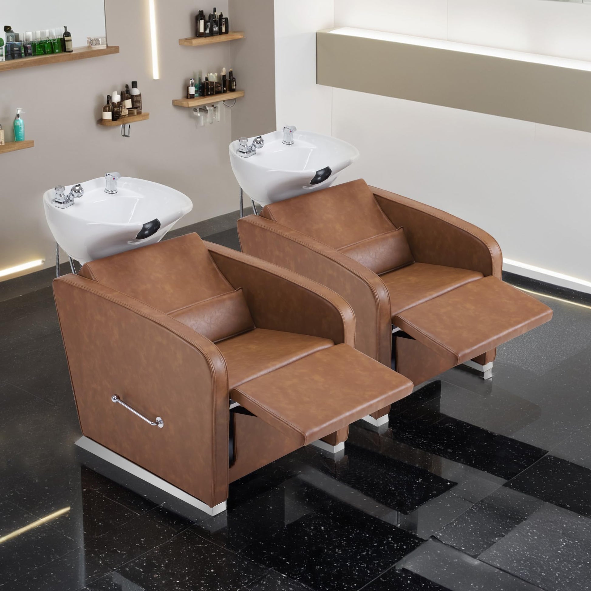 Gray BarberPub Backwash Shampoo Station Chair, Adjustable Porcelain Ceramic Hair Wash Bowl Sink Unit Station, Reclining Shampoo Station Chair for Spa Beauty Salon Hair Salon Equipment 9303 (Brown)