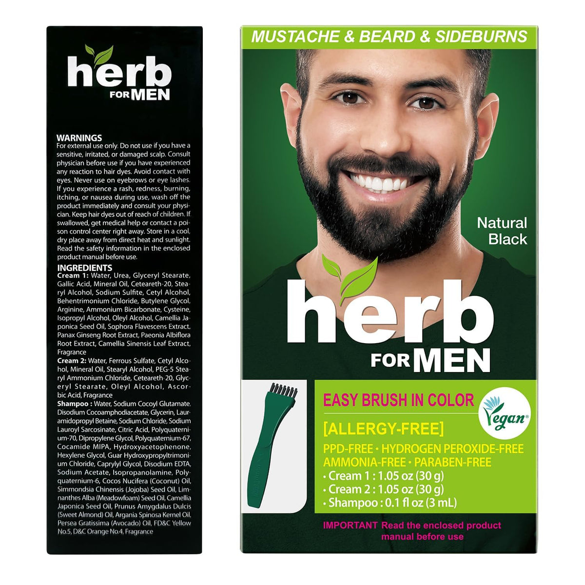 Dark Slate Gray Herb for Men Mustache & Beard Dye (Natural Black, 3 Pack)