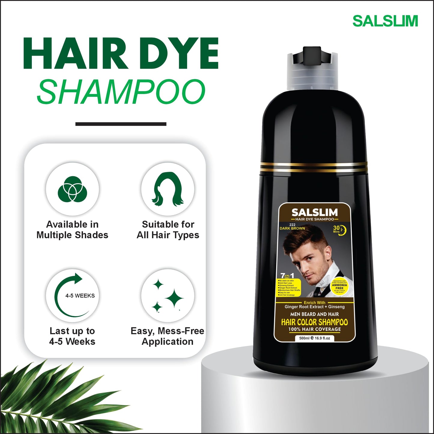 White Smoke SALSLIM Hair Dye Shampoo – 7-in-1 Instant Natural Dark Brown Color in Minutes, Herbal Hair Coloring Shampoo for Gray Coverage, Long Lasting, Easy to Use for Men – 30+ Days (DARK BROWN)