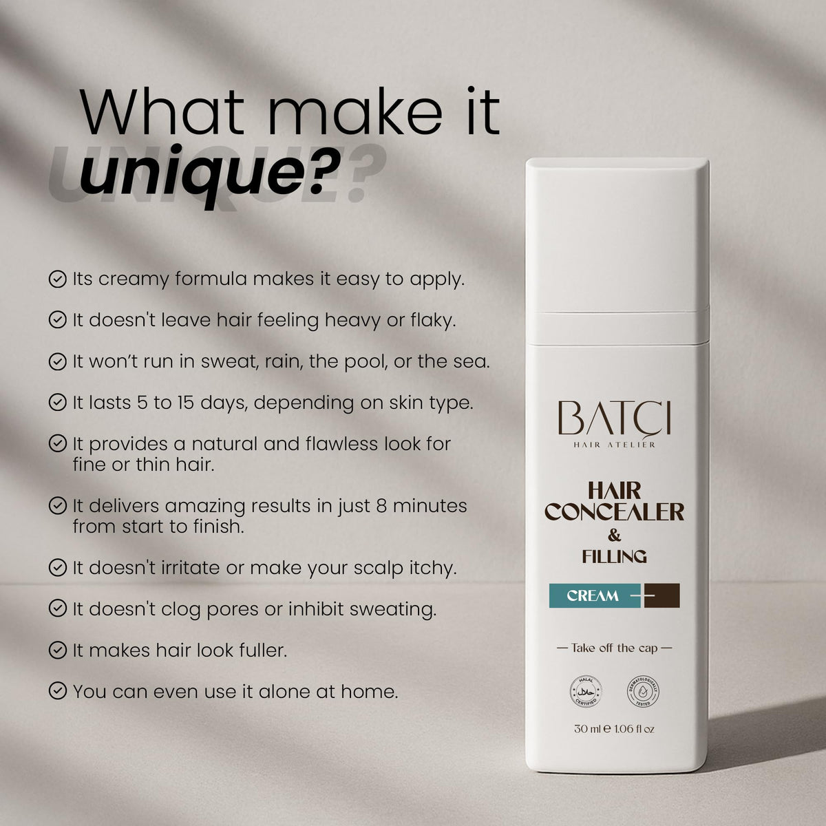Gray Batci Hair Concealer Cream for Thinning Hair & Bald Spots - Non-Fiber Scalp Concealer Root Touch-Up for Men & Women, Sweat/Water Resistant, One Shade for Black Brown & Grey Hair 1 fl oz (30ml)