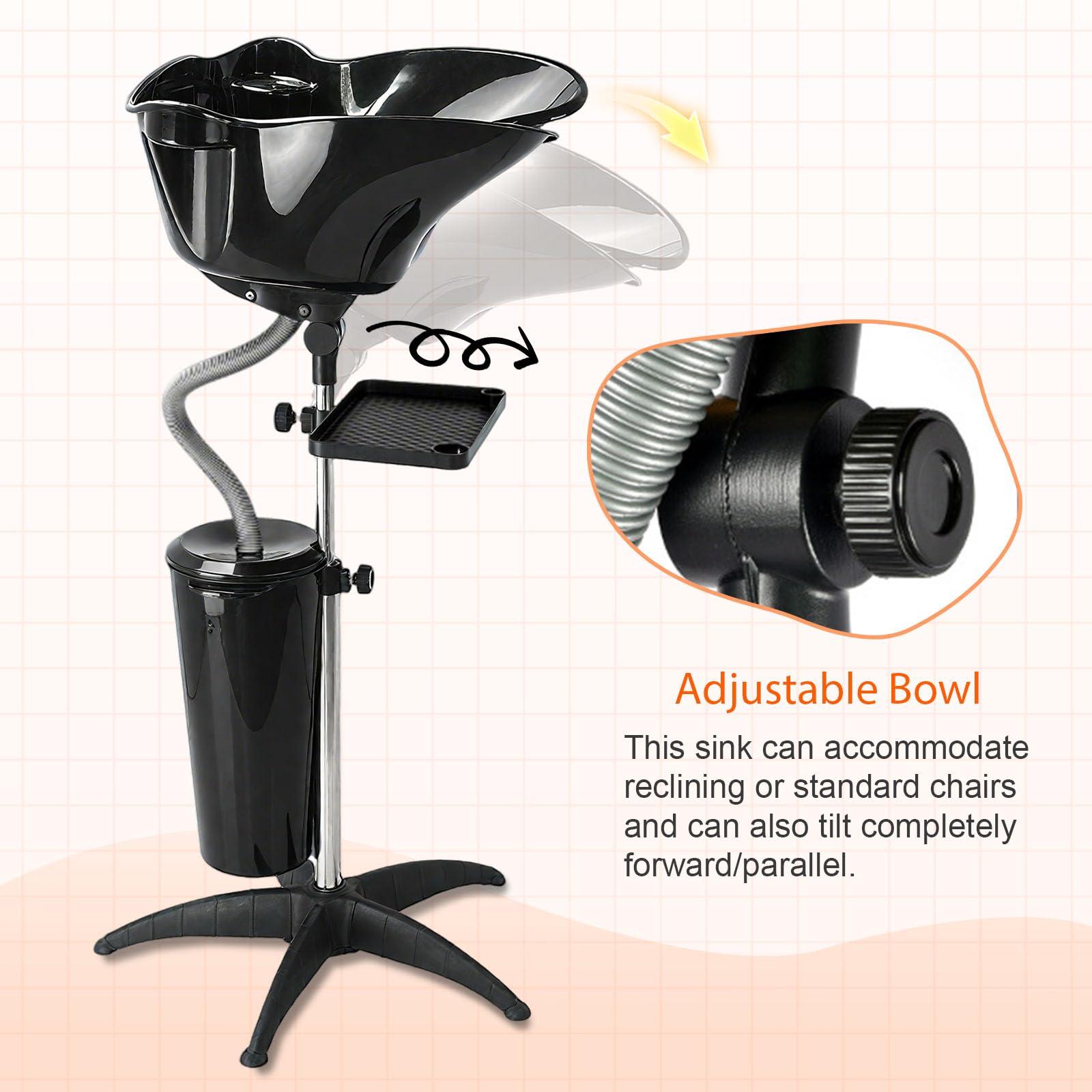 White Smoke HYZSWGC Portable Salon Shampoo Bowl, Height Adjustable Hair Washing Basin with Drain Hose, Black