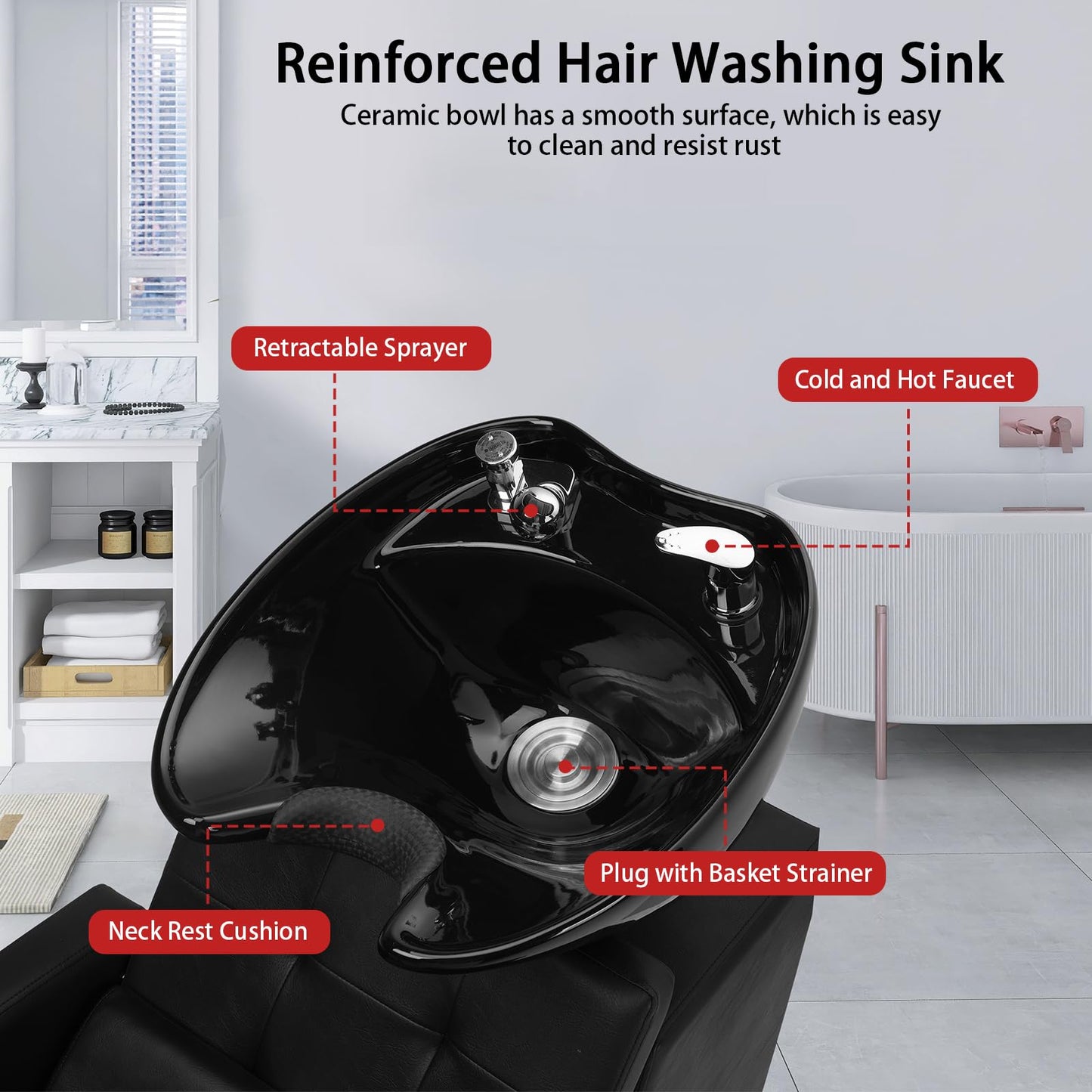 Light Gray Winado Shampoo Backwash Barber Chair with Large Ceramic Bowl, Adjustable Shampoo Bowl Sink Chair Station for Barbershop Beauty Spa Massage Hairdressing Equipment