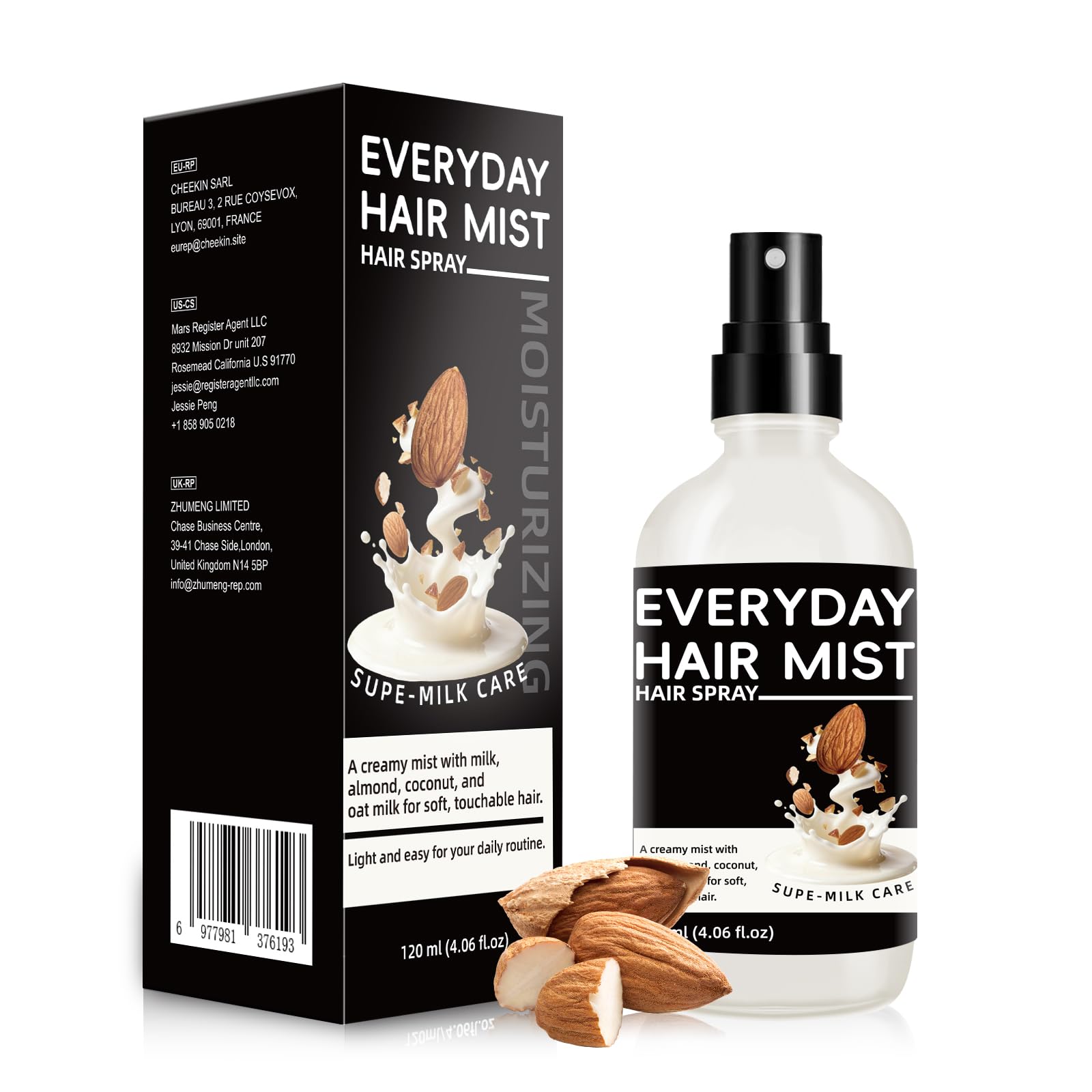 White Smoke Super Almond Milk Leave in Conditioner Spray with Collagen – Detangler & Anti Frizz Hair Treatment for Dry Damaged Hair, Helps Reduce Split Ends & Flyaways, Improves Softness & Shine, 4 fl oz (120mL)