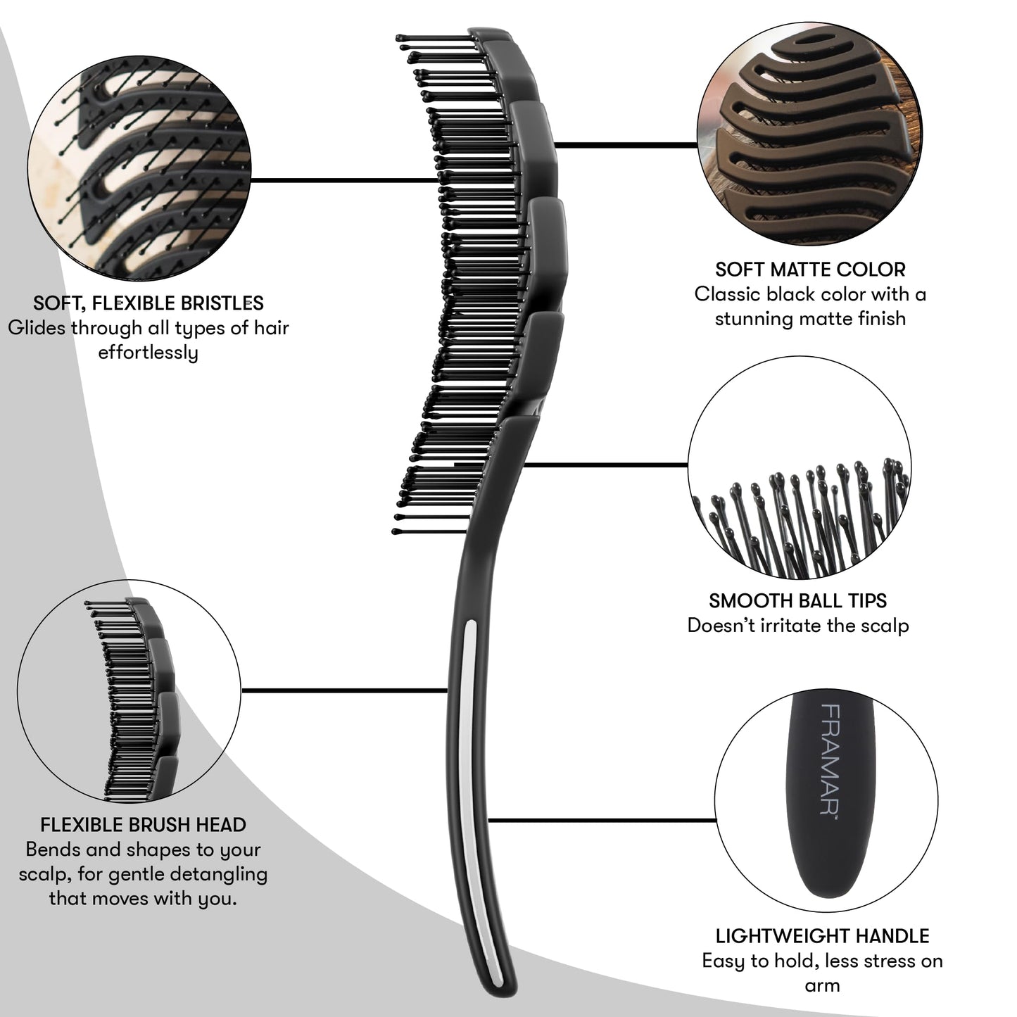 White Smoke FRAMAR Vented Hair Brush For Women – Flex Brush, Wet Hair Brush Detangler, Wet Hairbrush For Women, Detangle Brush, Brushes For Hair, Hairbrushes – Vented Design For Faster Drying Time - Black
