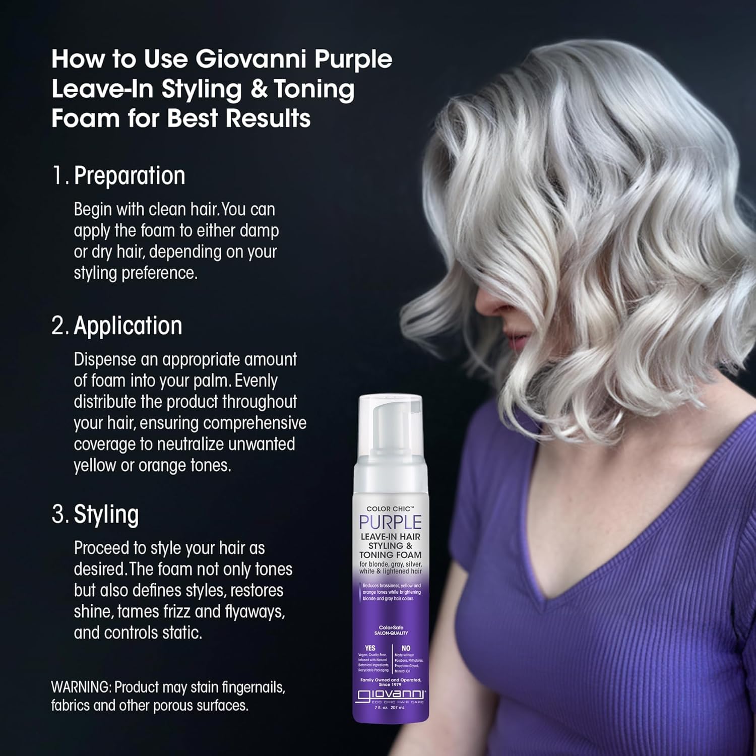 Black GIOVANNI Color Chic Purple Leave-In Hair Styling & Toning Foam - Purple Foam for Blonde, Gray, Brassy, Fine Hair, Gives Volume & Shine for Women & Men - 7 fl oz (Pack of 1)