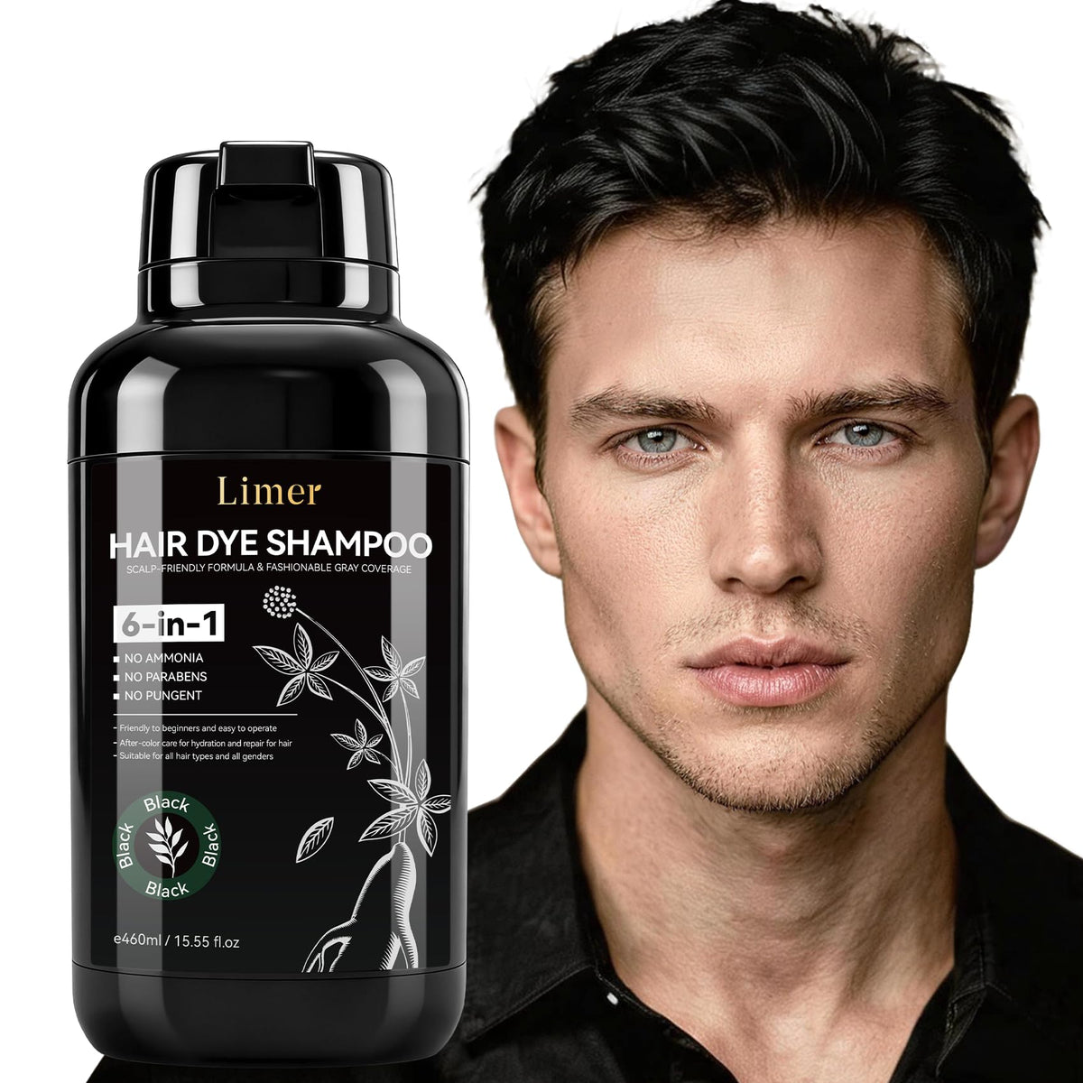 White Smoke Limer Black Hair Dye Shampoo for Stubborn Gray Hair, 3 in 1 Color Shampoo