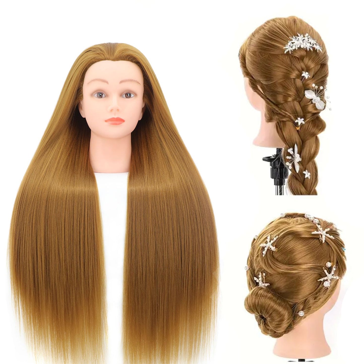 White Smoke MEICARSON 26"-28" Mannequin Head Hair Styling Training Head Manikin Cosmetology Doll Head Synthetic Fiber Hair and Free Clamp Holder Stand Hair Styling Set for Hair Extensions （ golden/yellow）