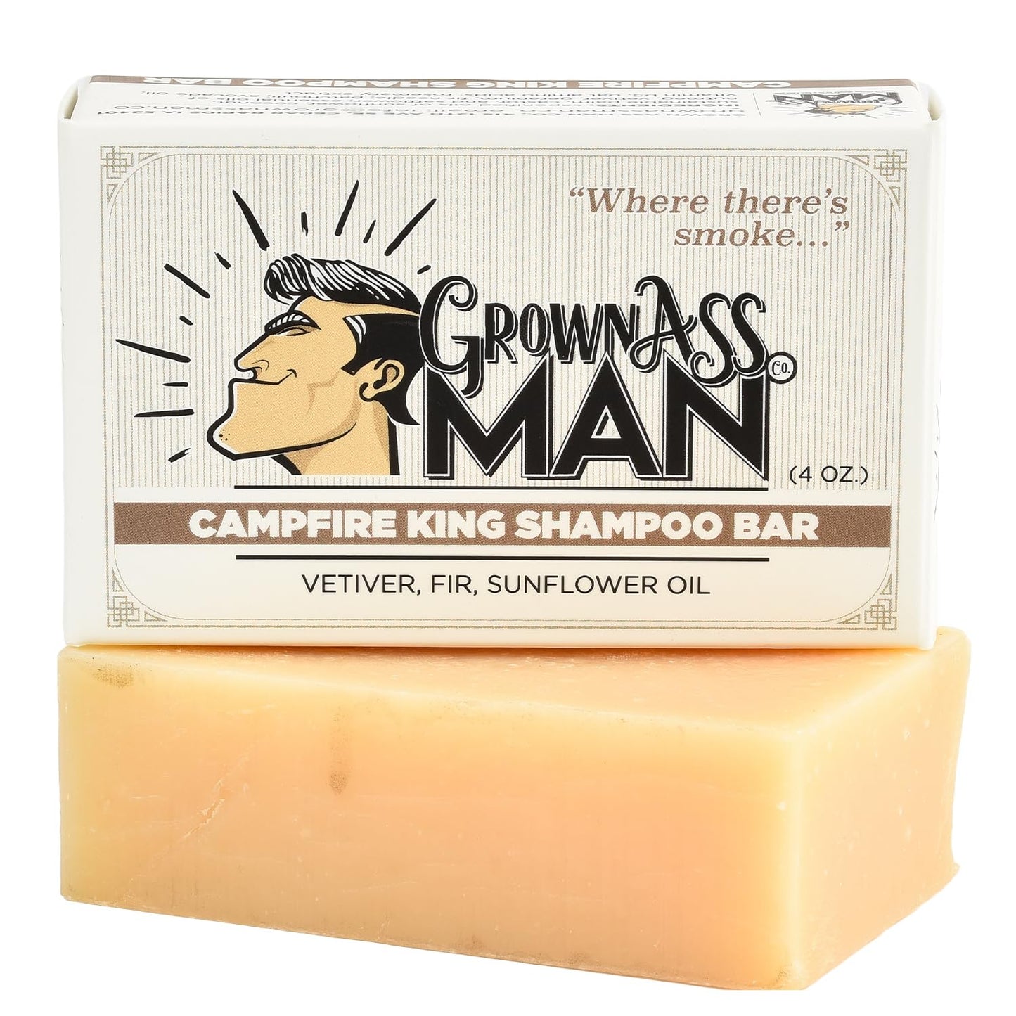 Antique White Grown Ass Man Co. - Solid Shampoo Bar Rich Lather 3 in 1: Hair, Beard & Body Wash - Plastic Free & Eco-Friendly, Natural & Organic Clean for All Hair Types, 4oz Bar (Campfire King, Single)
