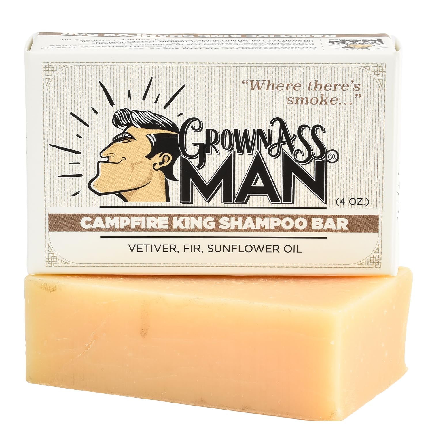 Antique White Grown Ass Man Co. - Solid Shampoo Bar Rich Lather 3 in 1: Hair, Beard & Body Wash - Plastic Free & Eco-Friendly, Natural & Organic Clean for All Hair Types, 4oz Bar (Campfire King, Single)