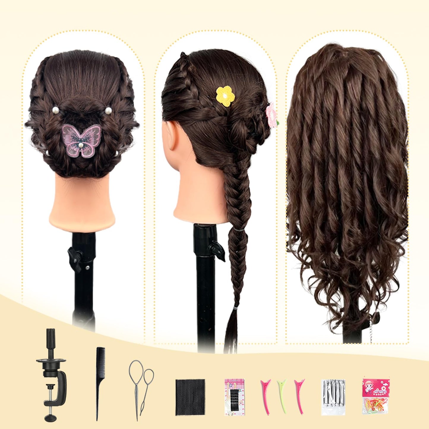 White Smoke 22" MQHIHI Mannequin Head Human Hair Cosmetology Manikin Doll Head with 80% Real Hair for Hairdresser Practice Cutting Braiding Hair Styling with Clamp Holder and Tools (Dark Brown)