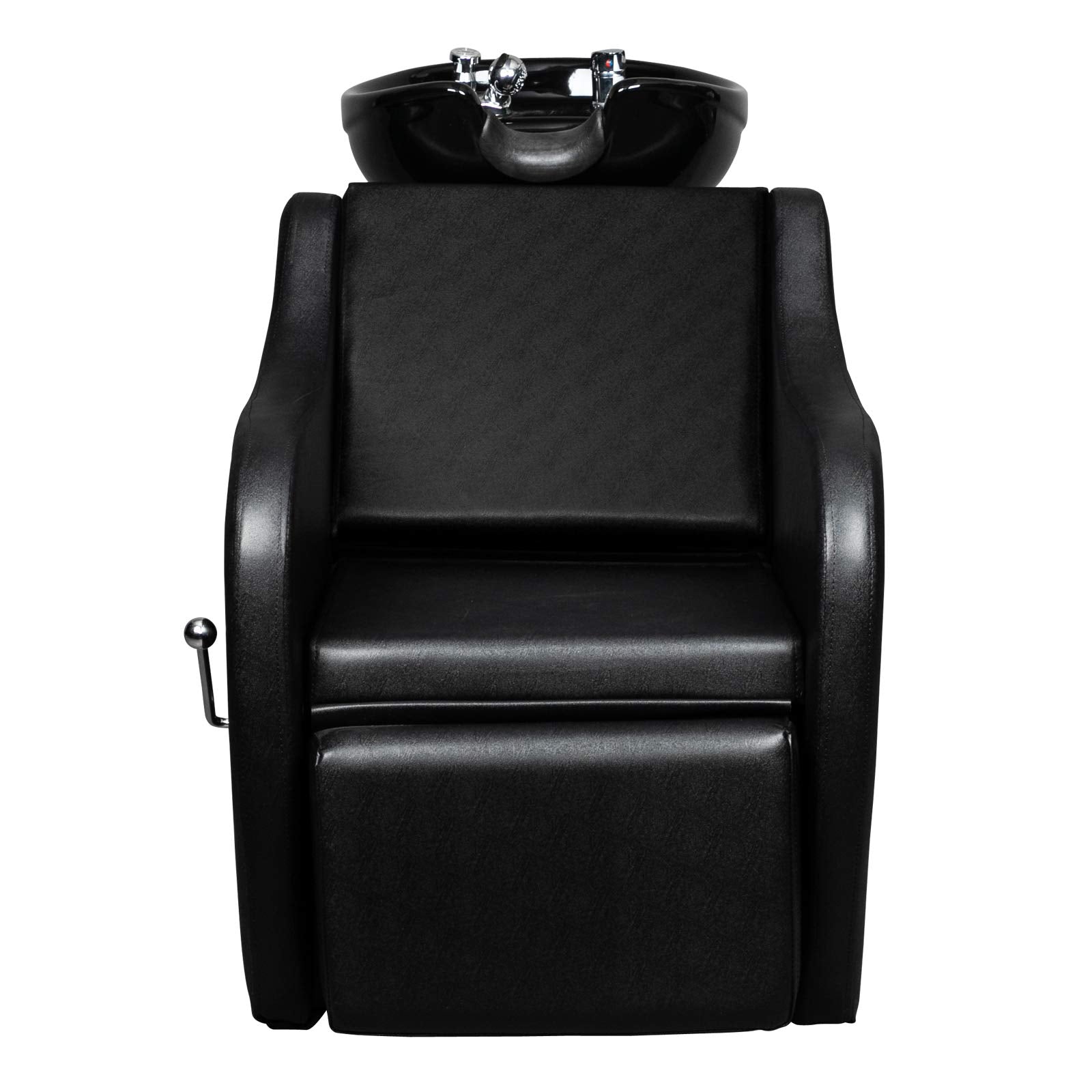 Black OmySalon Backwash Shampoo Unit for Salon, Hair Washing Station with Ceramic Bowl Adjustable Footrest, Chair Sink Barber Shop Beauty Equipment