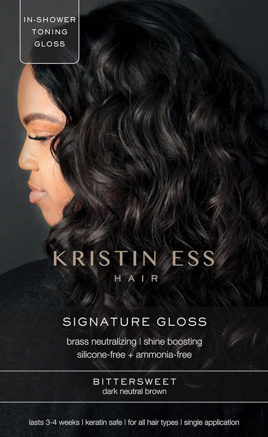 Black Kristin Ess Hair Gloss in Bittersweet Dark Brunette - 4 Wk Semi Permanent Hair Color for Women - Dark Brown Color Depositing Conditioner & Toner for Vibrant Color + Shine - Hair Dye Glaze - Vegan