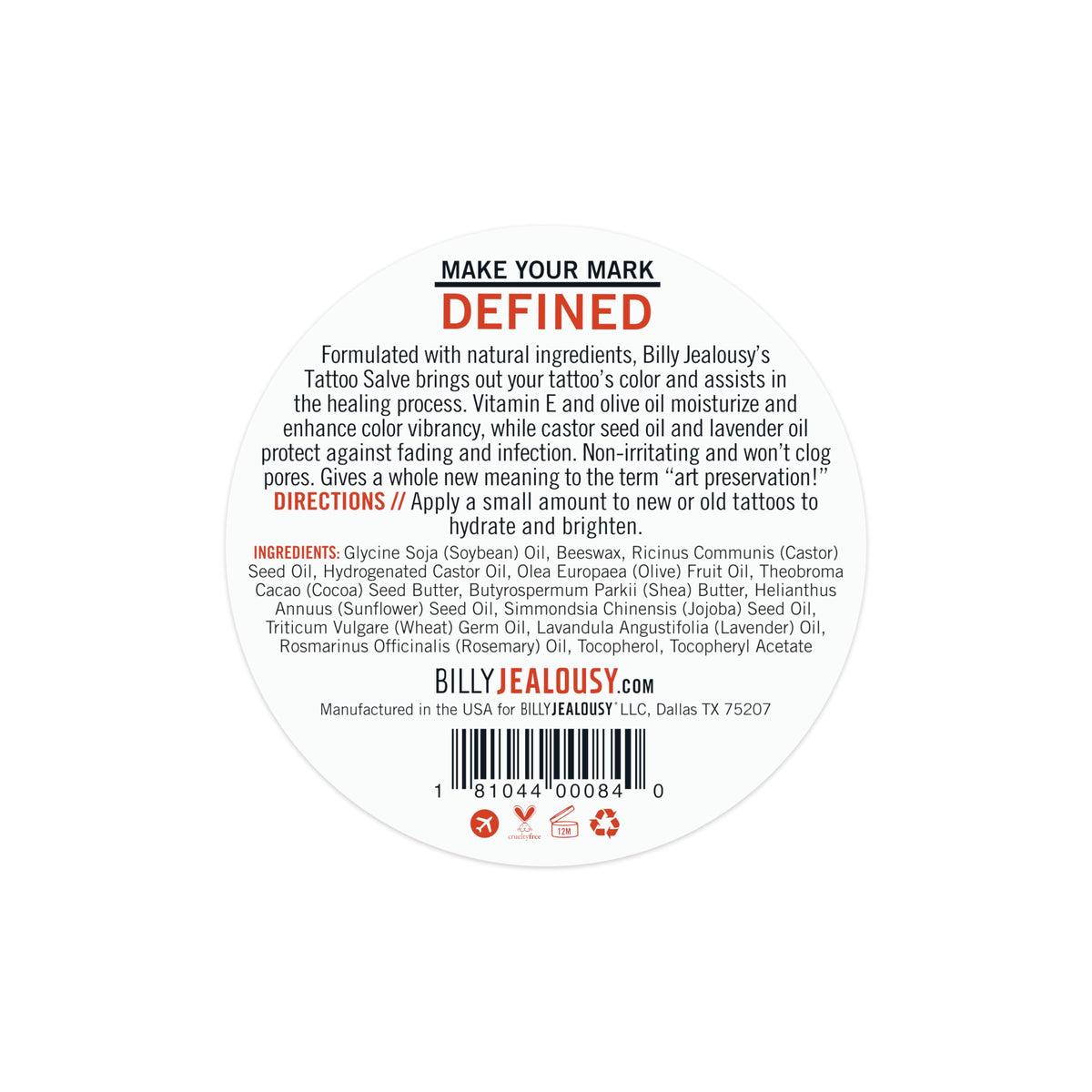 White Smoke Billy Jealousy Make Your Mark Defined Tattoo Salve, Tattoo Aftercare with Vitamin E and Soybean & Lavender Oils, Protects, Deeply Nourishes, and Enhances Vibrancy, 2 oz
