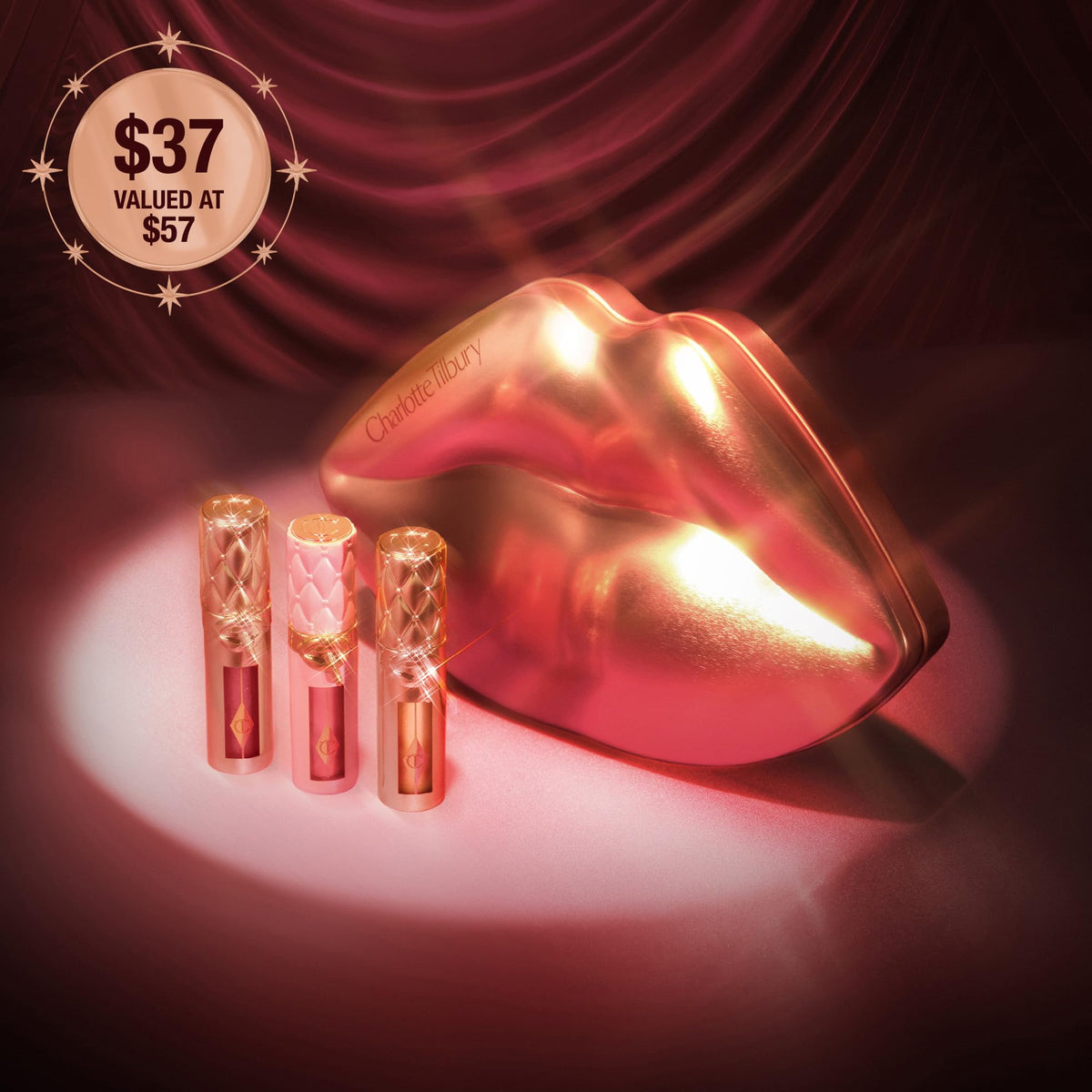 Dark Red Charlotte Tilbury Big Lip Plumpgasm Mini Trio – 3 Universally Flattering Big Lip Plumpgasm Shades In An Irresistible Lip-Shaped Tin