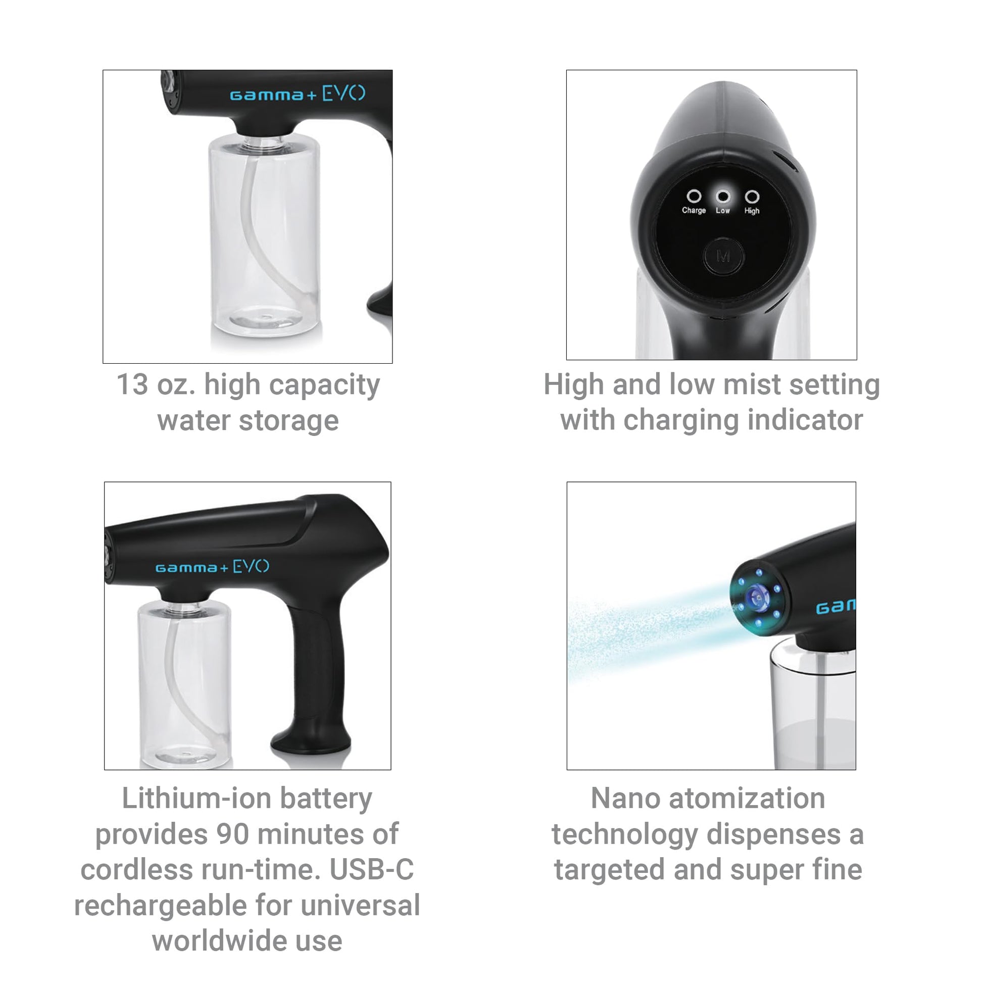 White Smoke GAMMA+ Evo Nano Mister Cordless Portable Water Sprayer, Disinfect Mist, USB-C Rechargeable for Barber, Salon, Home Use, Black