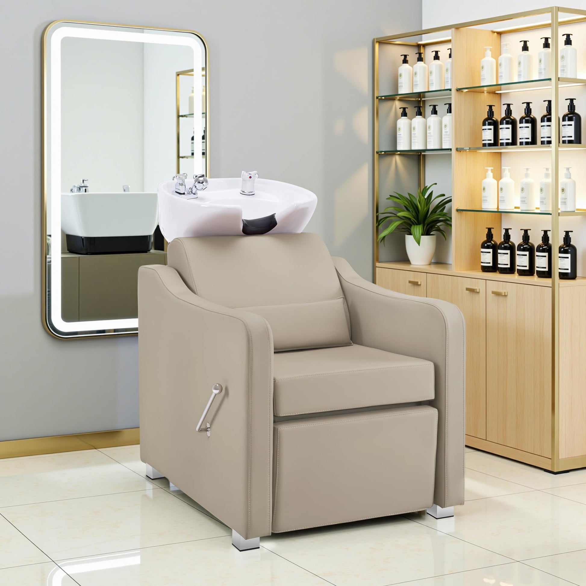 Gray BarberPub Backwash Shampoo Station Chair, Adjustable Porcelain Ceramic Hair Wash Bowl with Chair, Shampoo Station for Barber Shop, Spa Beauty Salon Equipment 9364 (Creamy White)