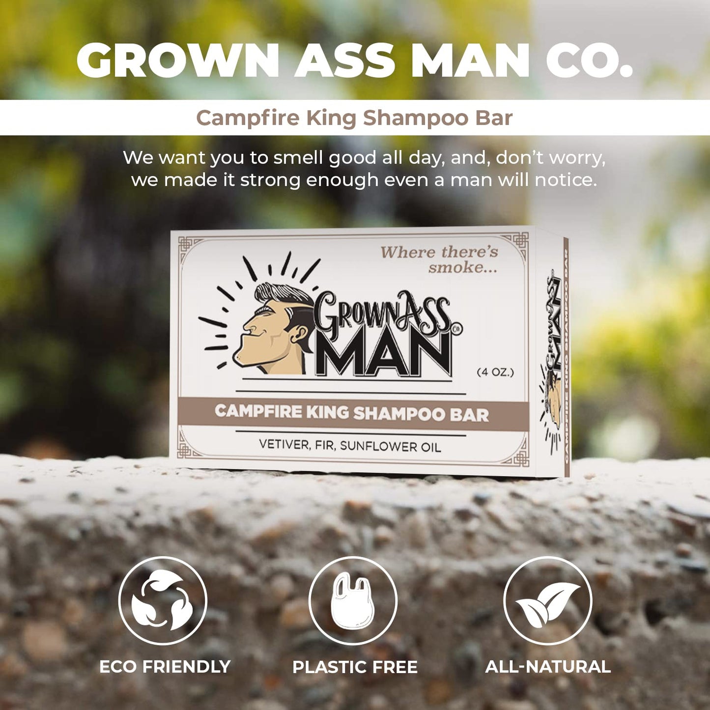 Gray Grown Ass Man Co. - Solid Shampoo Bar Rich Lather 3 in 1: Hair, Beard & Body Wash - Plastic Free & Eco-Friendly, Natural & Organic Clean for All Hair Types, 4oz Bar (Campfire King, Single)