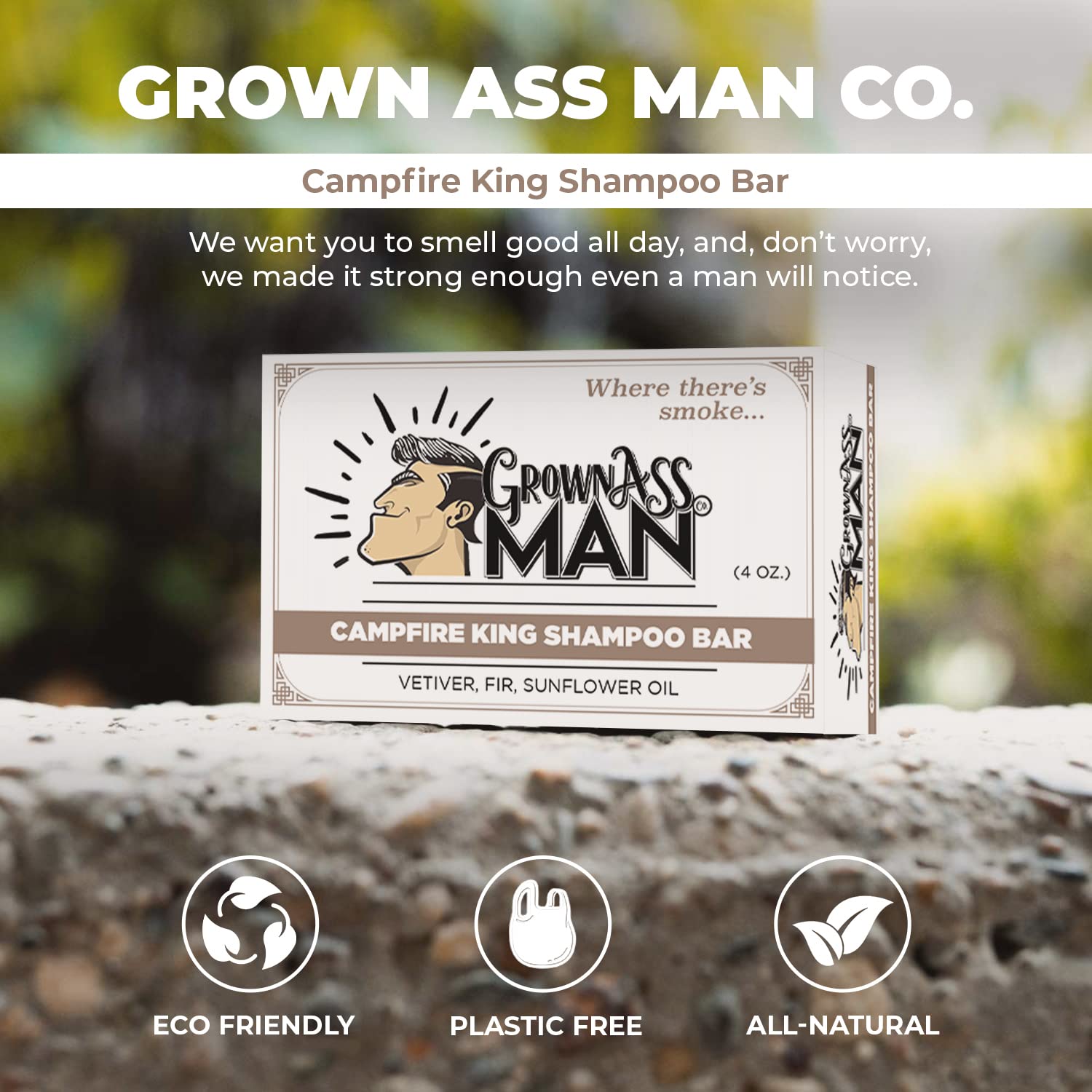 Gray Grown Ass Man Co. - Solid Shampoo Bar Rich Lather 3 in 1: Hair, Beard & Body Wash - Plastic Free & Eco-Friendly, Natural & Organic Clean for All Hair Types, 4oz Bar (Campfire King, Single)
