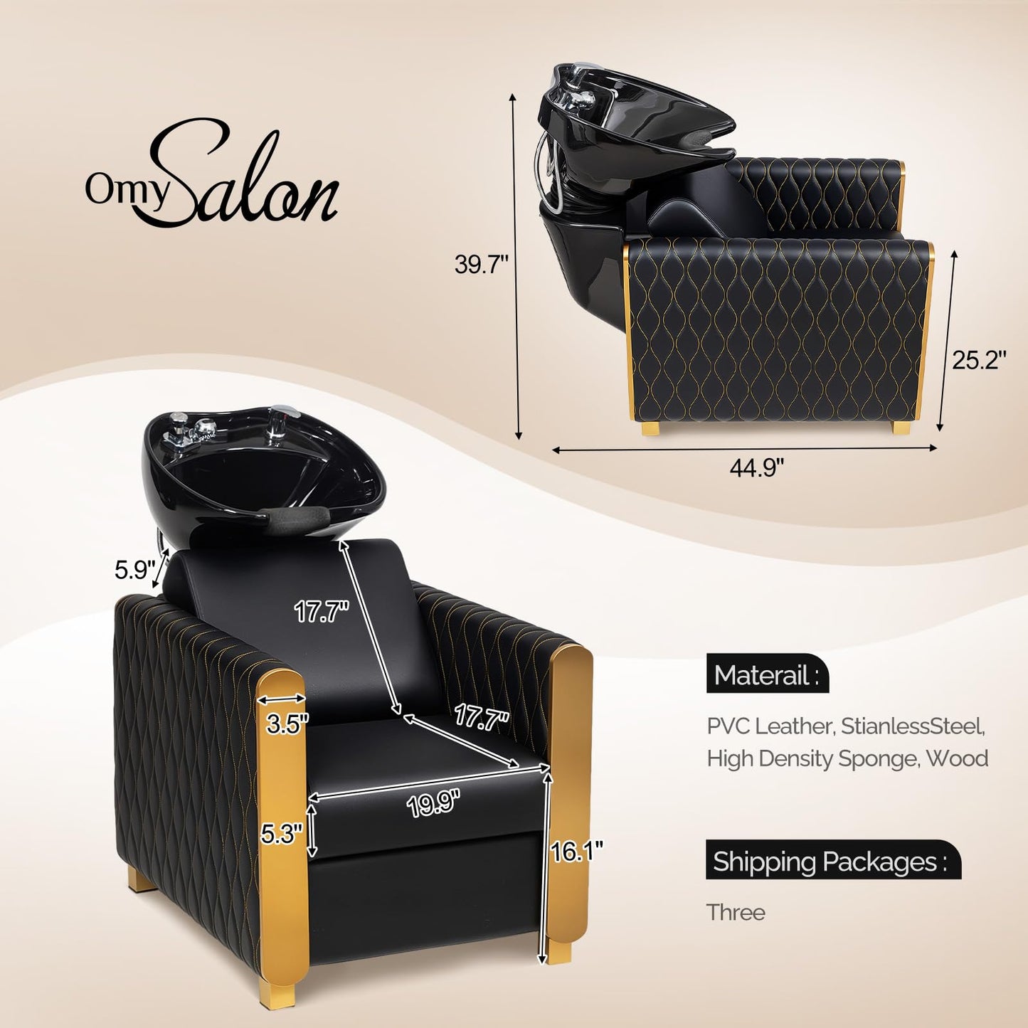 Light Gray OmySalon Shampoo Bowls for Salon, Black and Gold Shampoo Chair with Tilting Porcelain Sink, Hair Washing Station Backwash Barber Chair, Shampoo Unit for Beauty Spa Barbershop