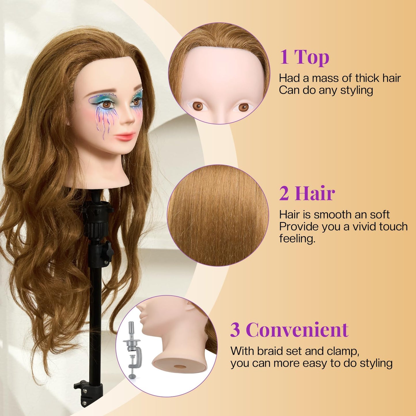 Light Goldenrod 28" Mannequin Head Human Hair - 80% Real Hair Mannequin Head for Makeup Practice, Cosmetology Manikin Doll Head for Hair Styling, Hairdressing Training Head for Braiding #27