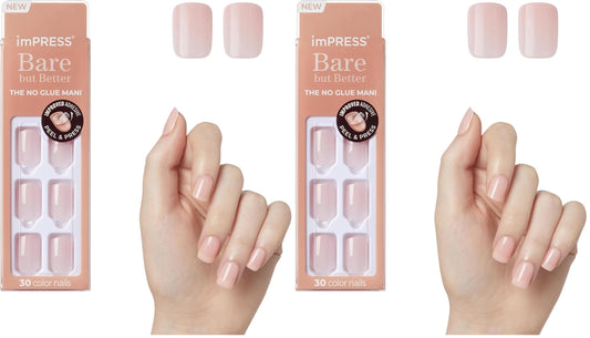 White Smoke Kiss Impress No Glue Mani Press On Nails, Bare but Better, 'Instinct', Pink, Short Size, Squoval Shape, Includes 30 Nails, Prep Pad, Instructions Sheet, 1 Manicure Stick, 1 Mini File