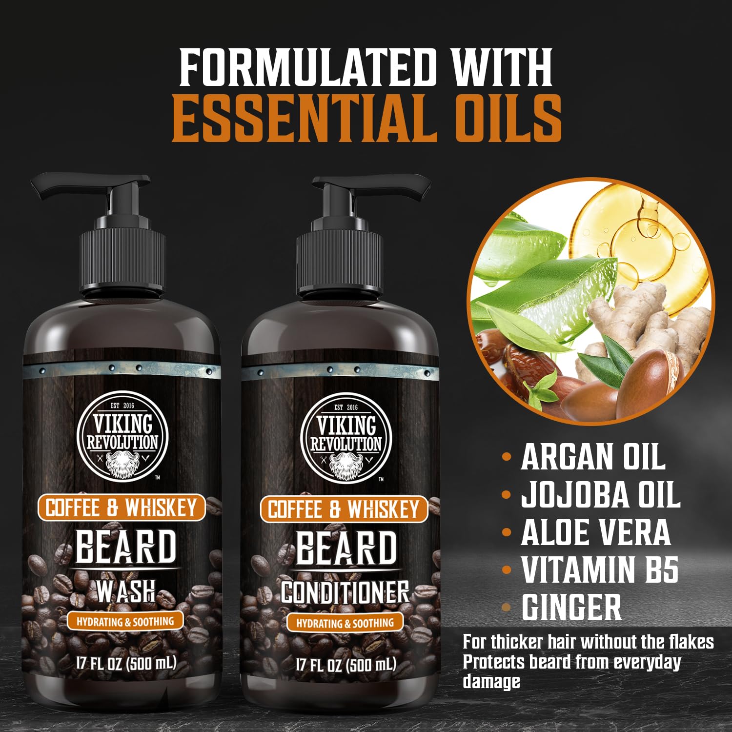 Black Viking Revolution Coffee Whiskey Beard Wash and Beard Conditioner Set with Argan and Jojoba Oils - Softens and Strengthens - Coffee Whiskey Scent - Beard Shampoo with Ginseng Root Extract (17 oz)